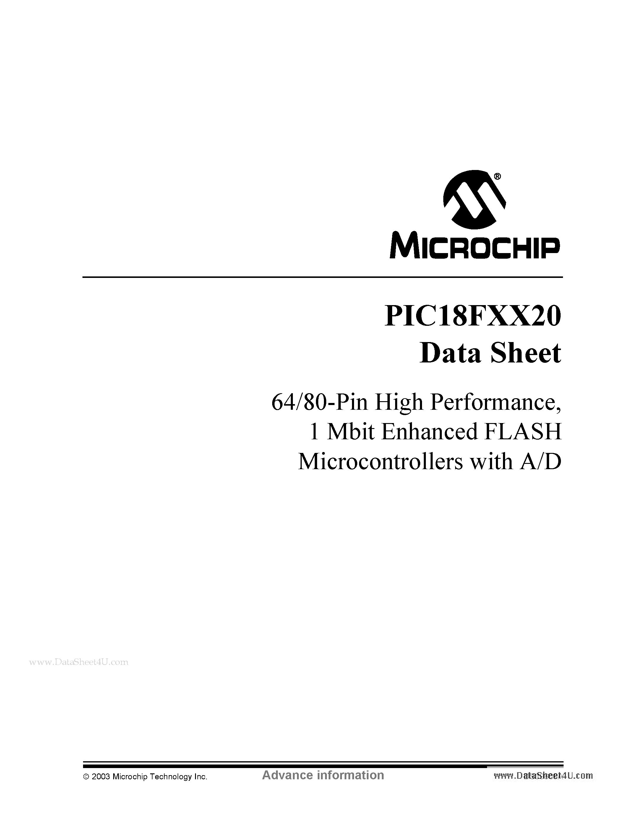 Datasheet PIC18FXX20 - 64/80-Pin High Performance 1 Mbit Enhanced FLASH Microcontrollers page 1