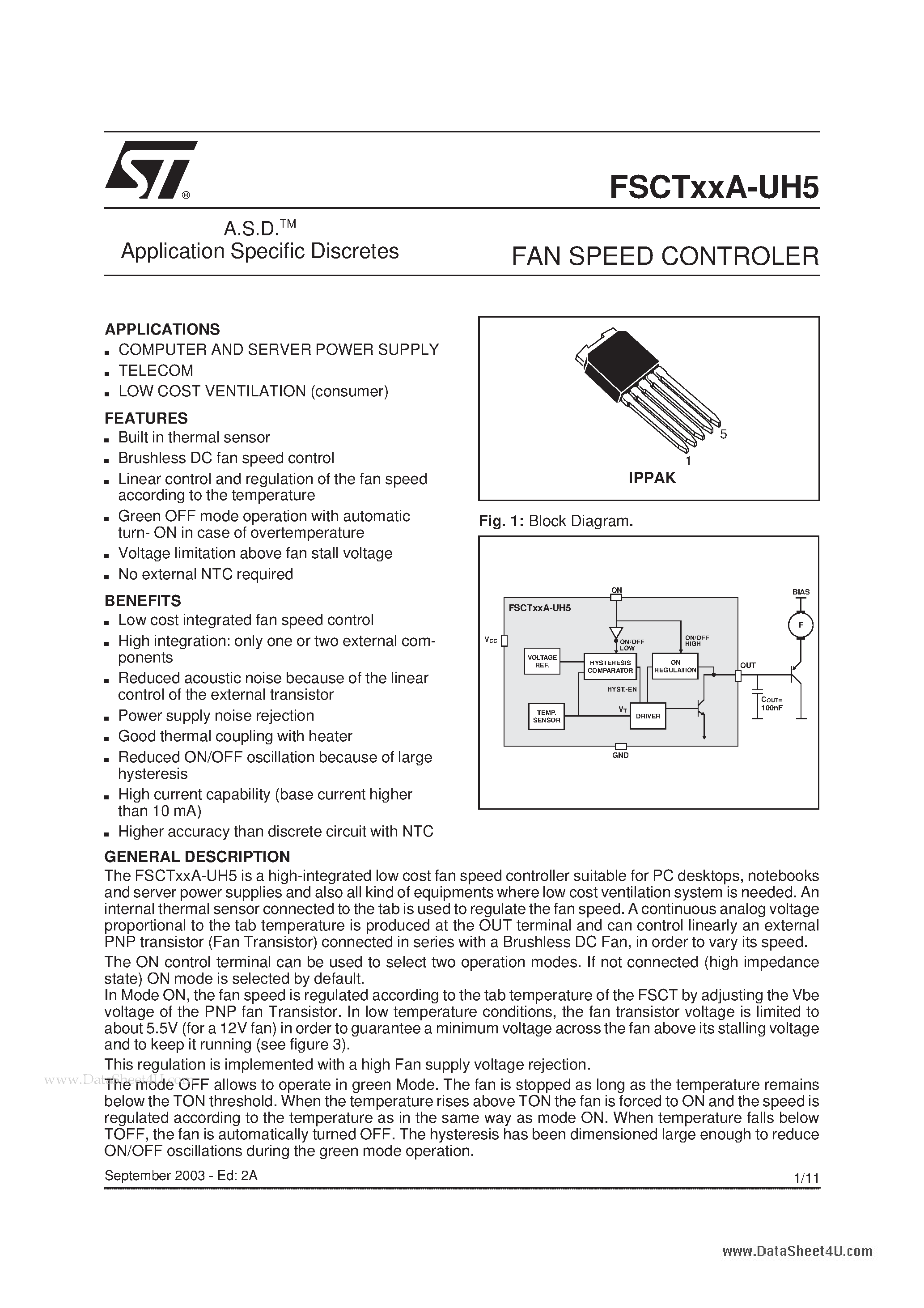 Datasheet FSCT07A-UH5 page 1 Datasheet FSCT07A-UH5 - FAN SPEED CONTROLER page 1