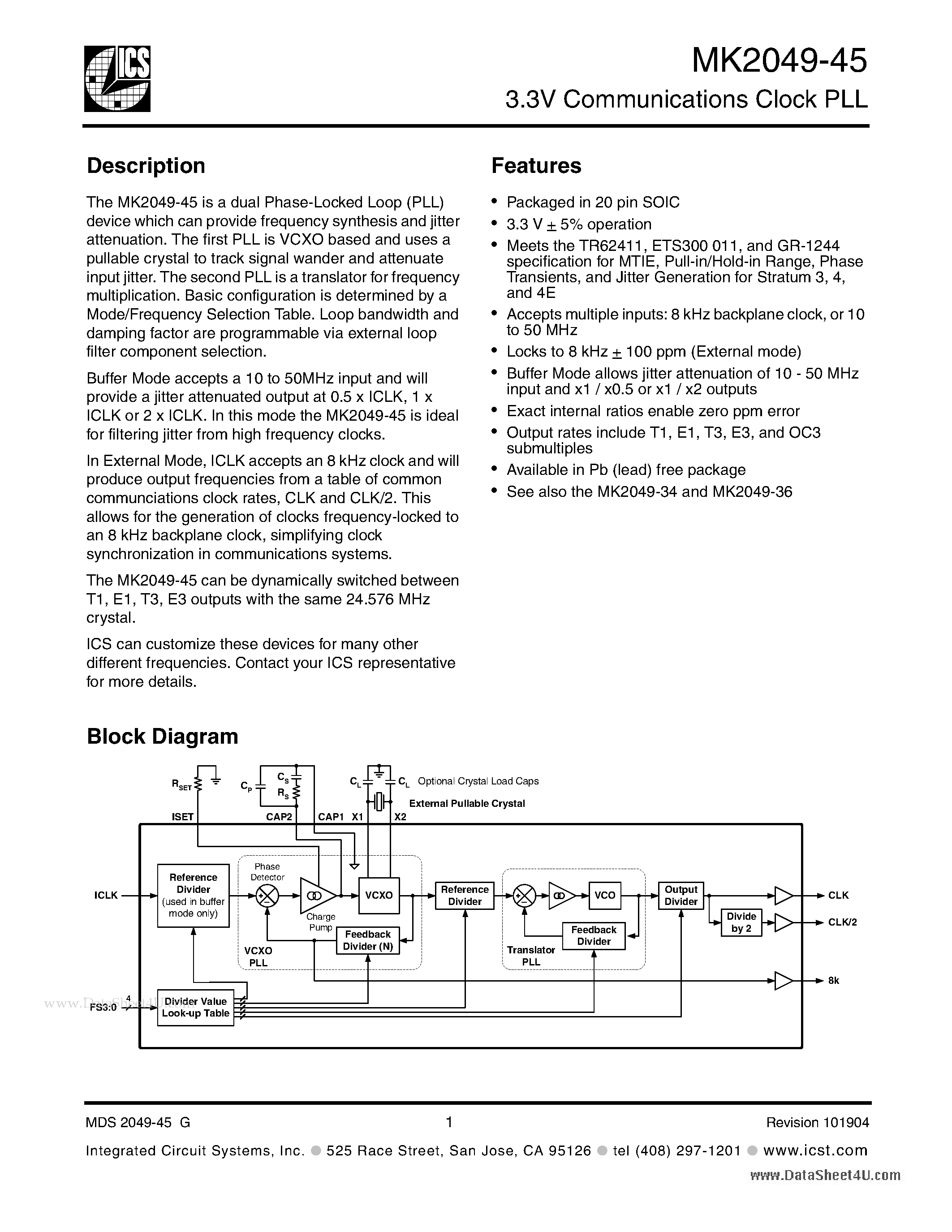 Datasheet MK2049-45 - 3.3V Communications Clock PLL page 1
