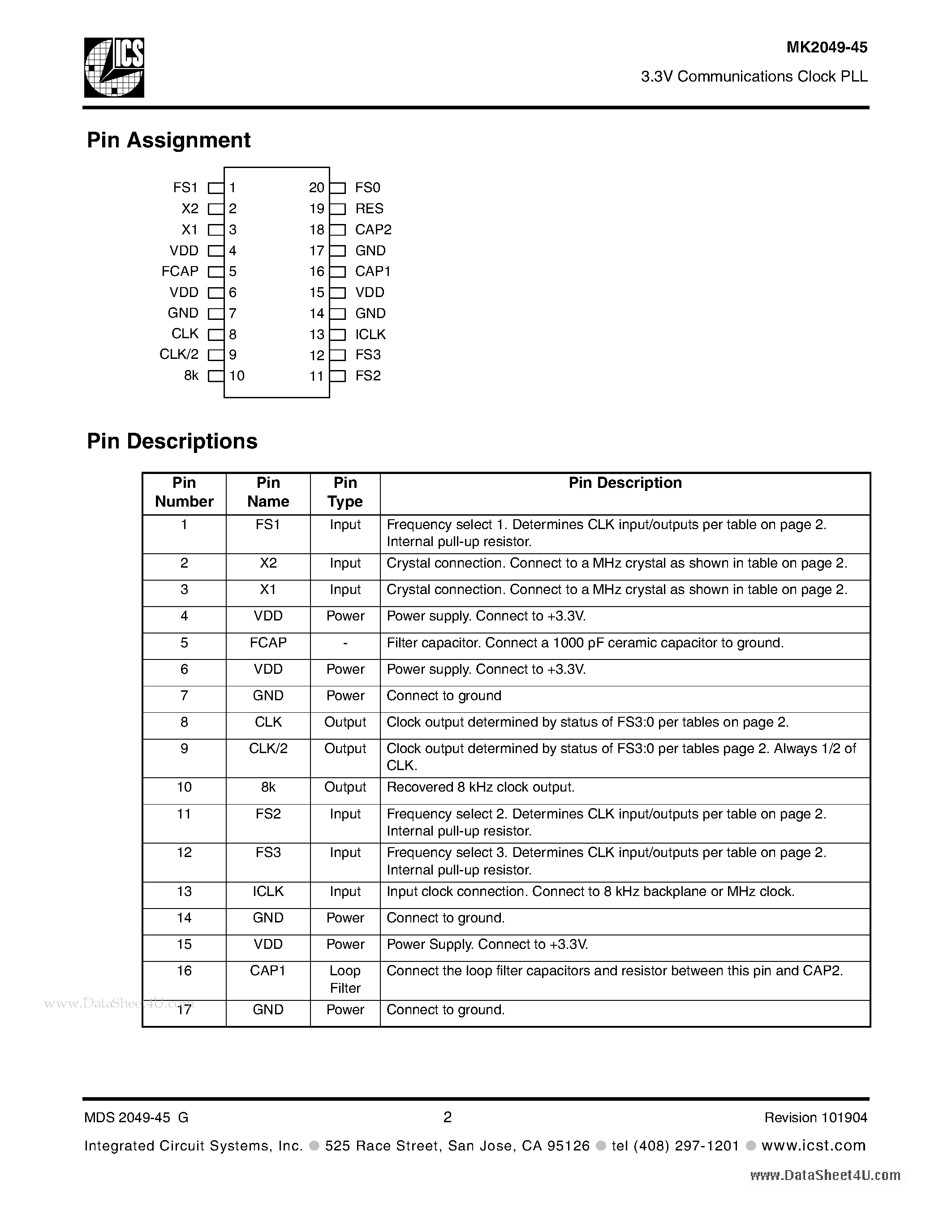 Datasheet MK2049-45 - 3.3V Communications Clock PLL page 2