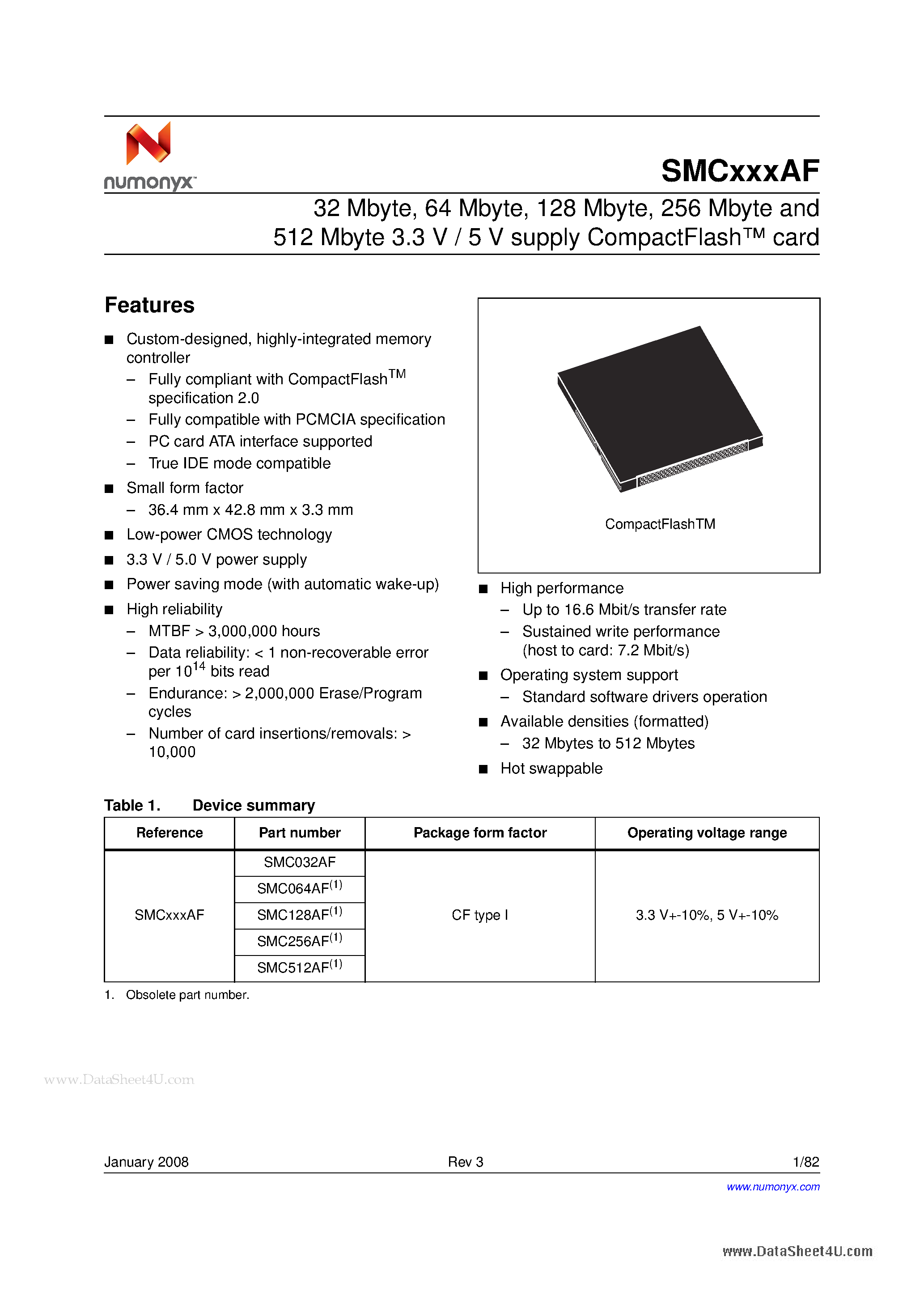 Datasheet SMC032AF - (SMCxxxAF) 256 Mbyte and 512 Mbyte 3.3V / 5V supply CompactFlash card page 1