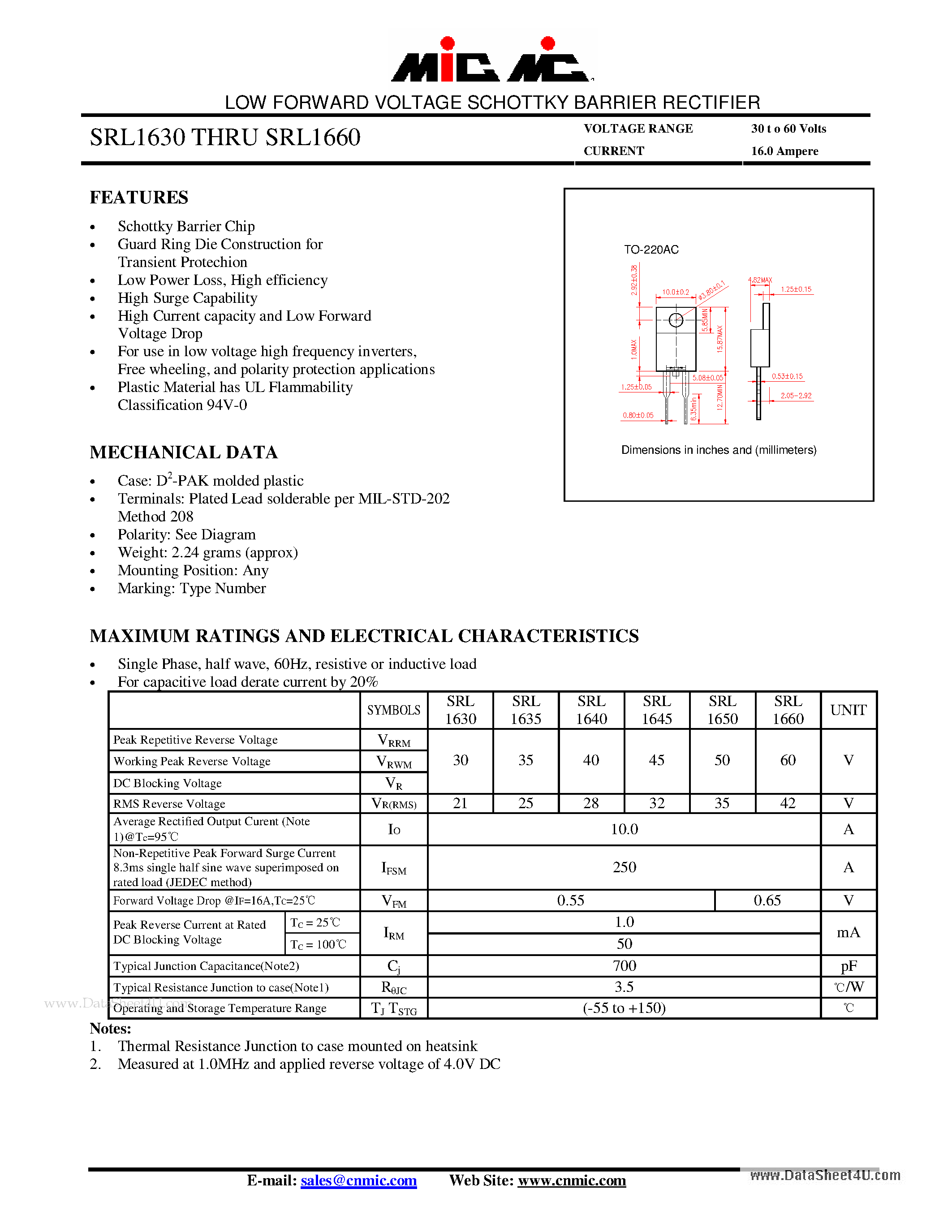 Datasheet SRL1630 - (SRL1630 - SRL1660) LOW FORWARD VOLTAGE SCHOTTKY BARRIER RECTIFIER page 1