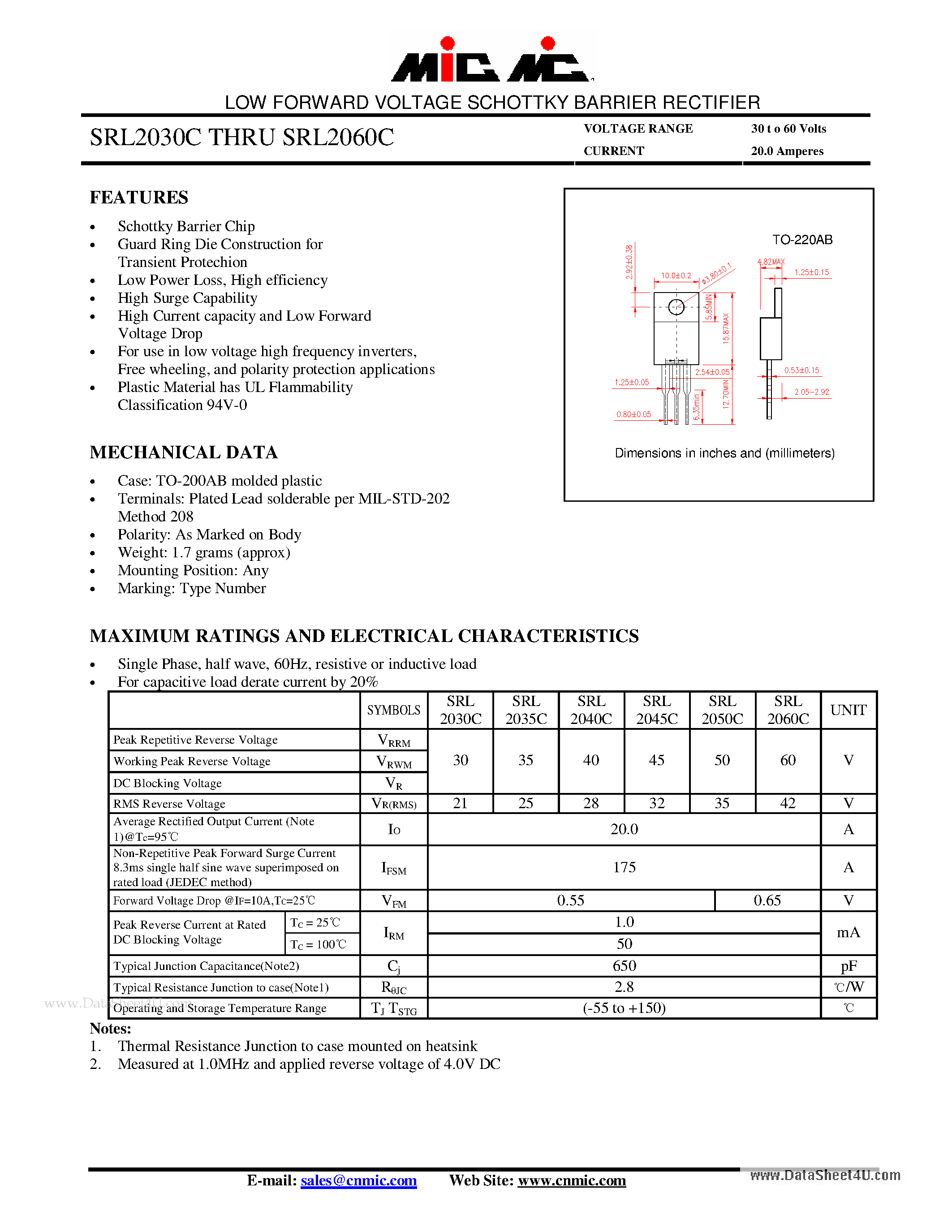Datasheet SRL2030C - (SRL2030C - SRL2060C) LOW FORWARD VOLTAGE SCHOTTKY BARRIER RECTIFIER page 1