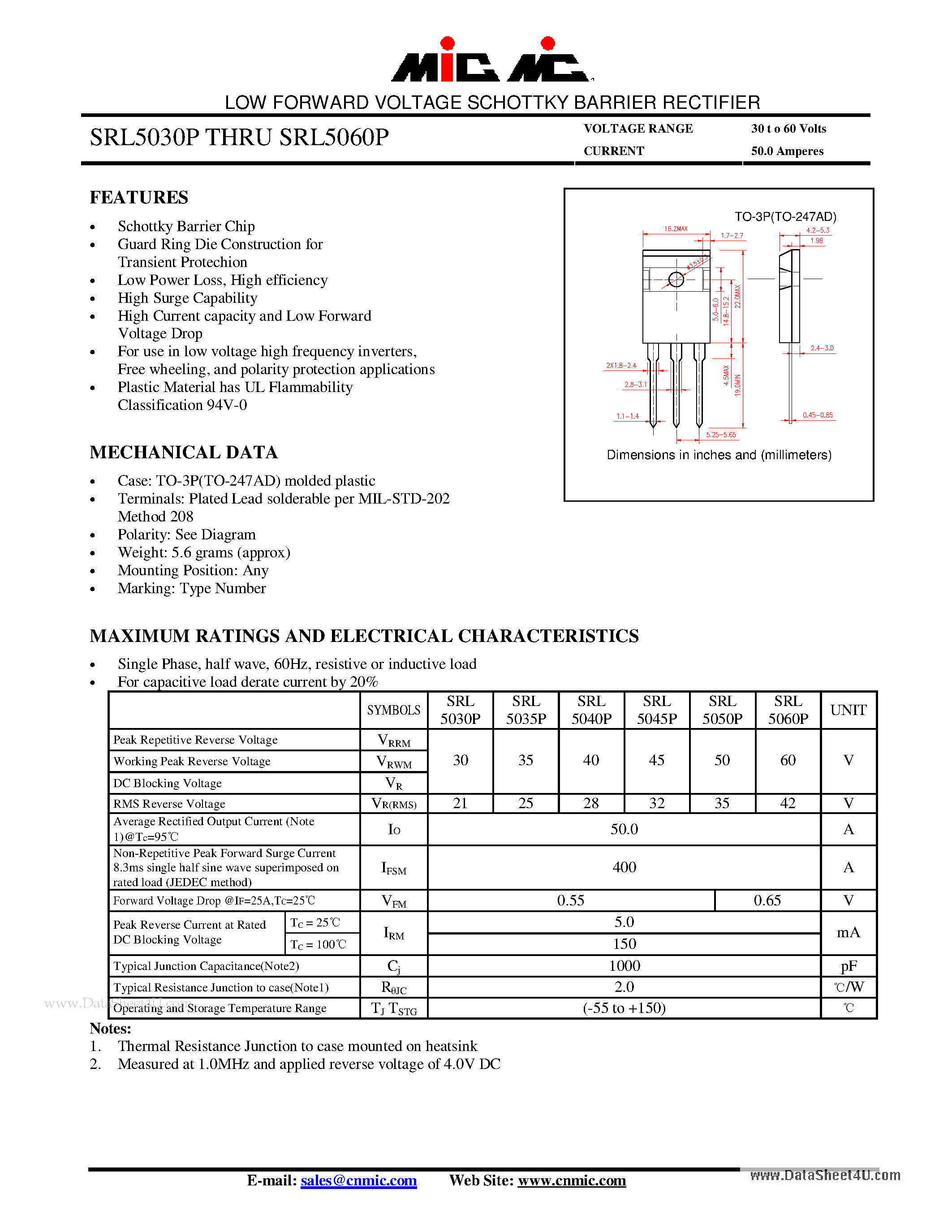 Datasheet SRL5030P - (SRL5030P - SRL5060P) LOW FORWARD VOLTAGE SCHOTTKY BARRIER RECTIFIER page 1