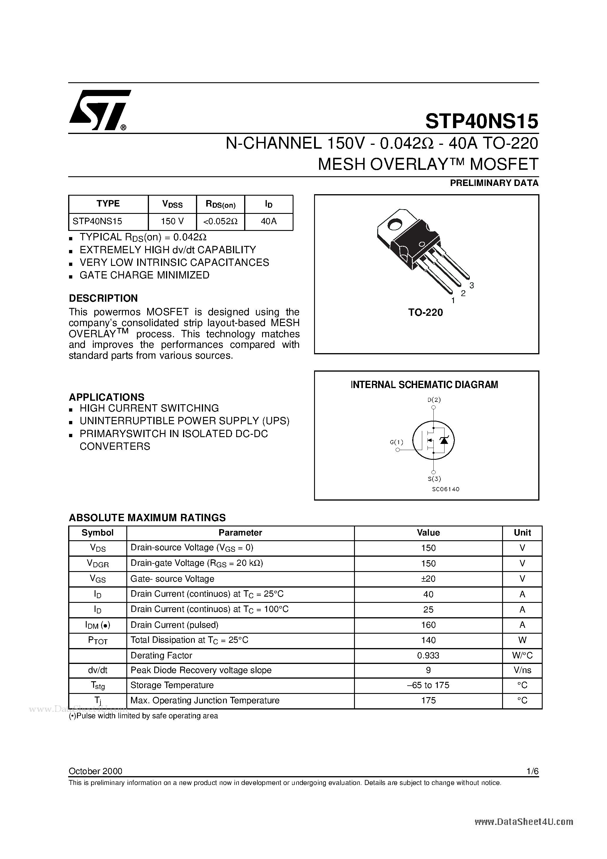 Datasheet STP40NS15 page 1 Datasheet STP40NS15 - N-CHANNEL MOSFET page 1