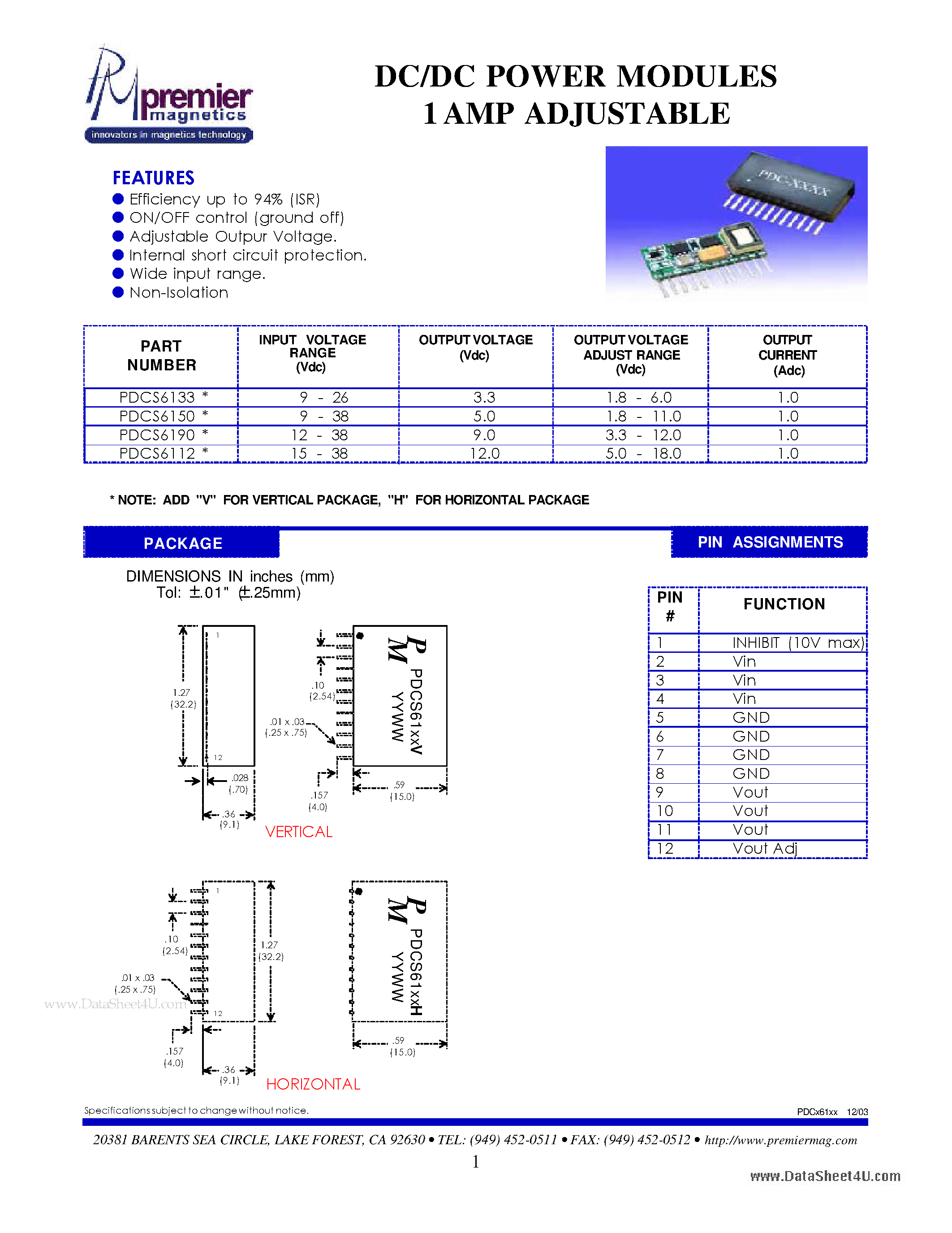 Datasheet PDCS6112 - DC/DC POWER MODULES 1 AMP ADJUSTABLE page 1