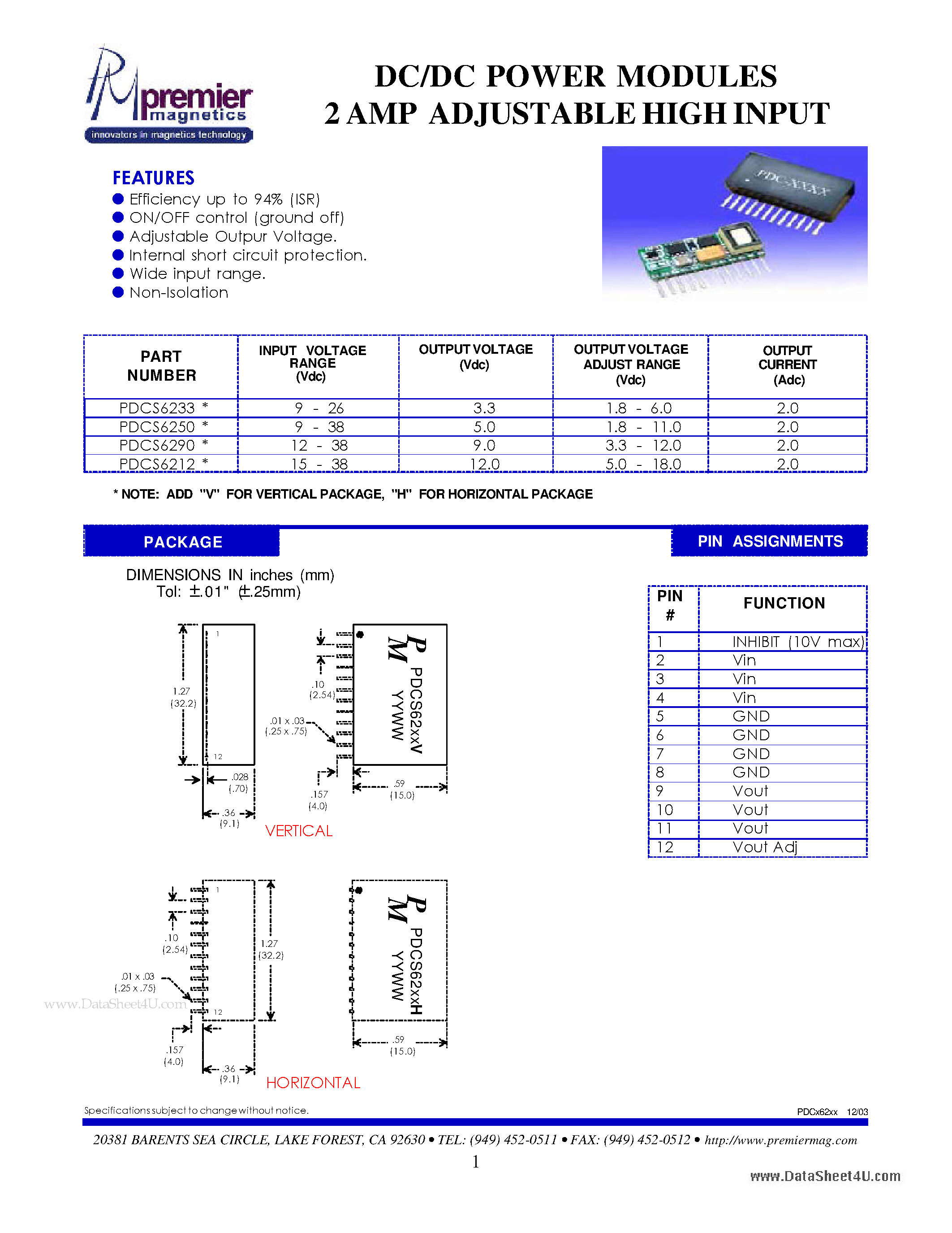 Datasheet PDCS6212 - DC/DC POWER MODULES 2 AMP ADJUSTABLE HIGH INPUT page 1