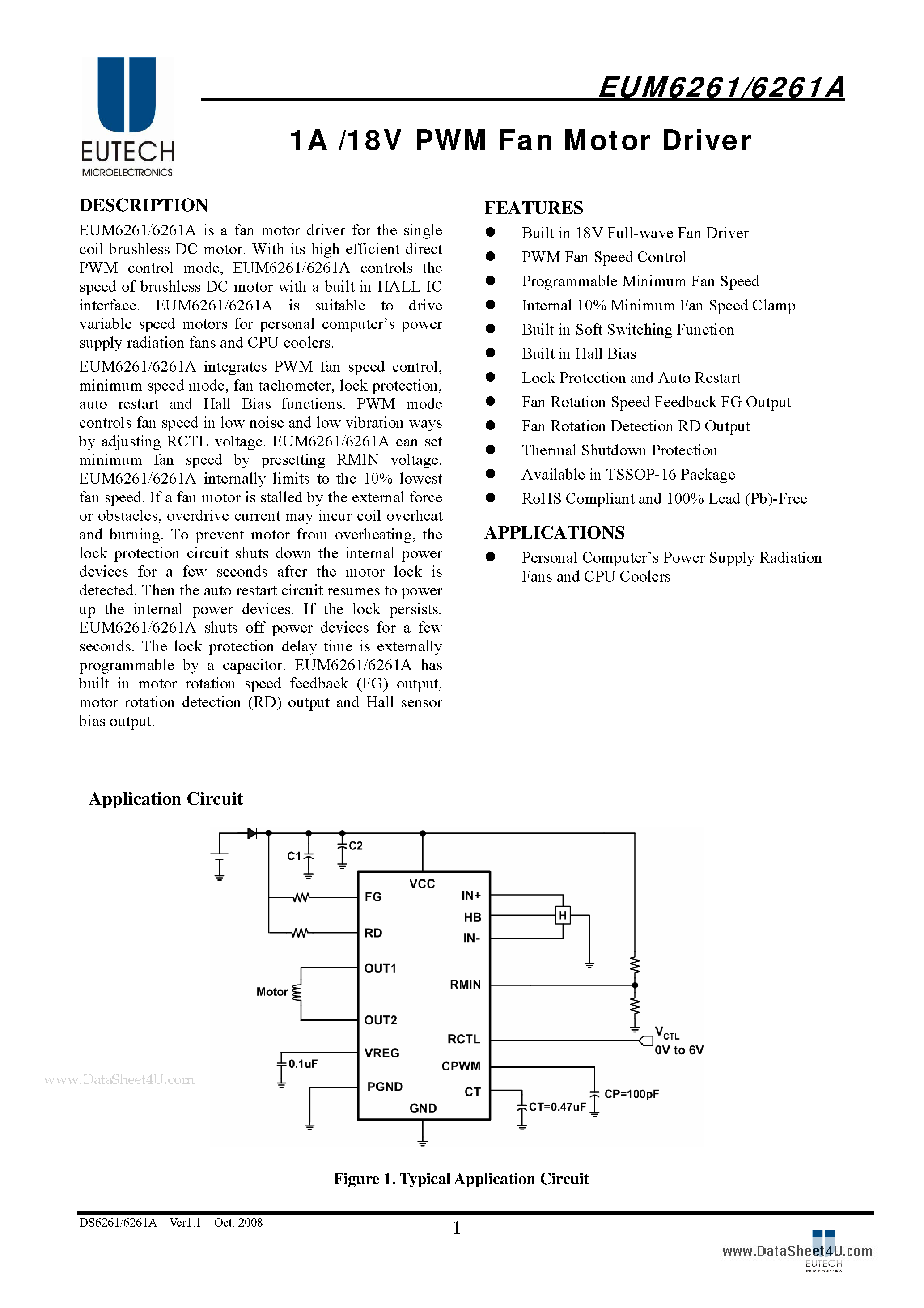 Datasheet EUM6261 - 1A /18V PWM Fan Motor Driver page 1