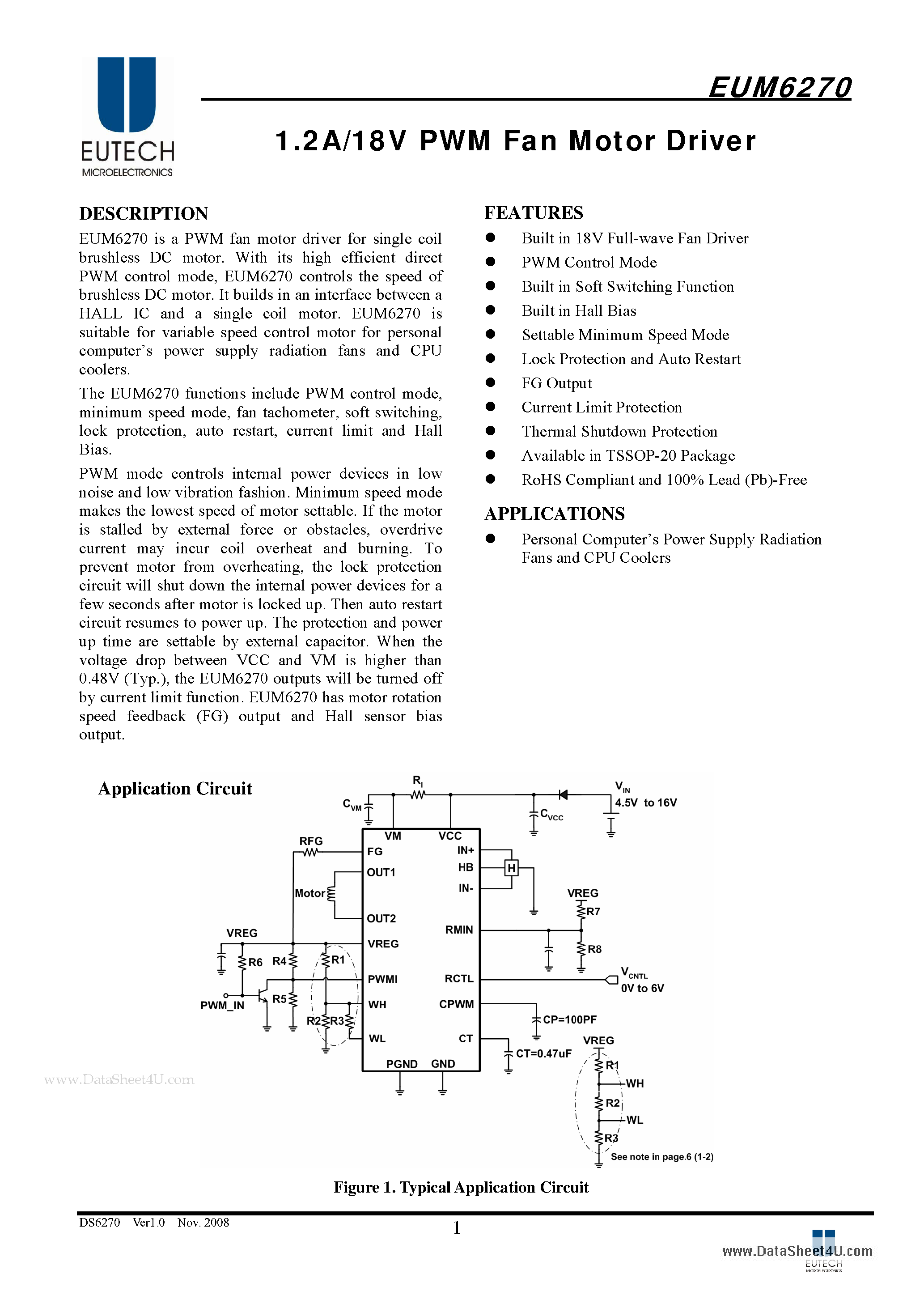 Datasheet EUM6270 - 1.2A/18V PWM Fan Motor Driver page 1