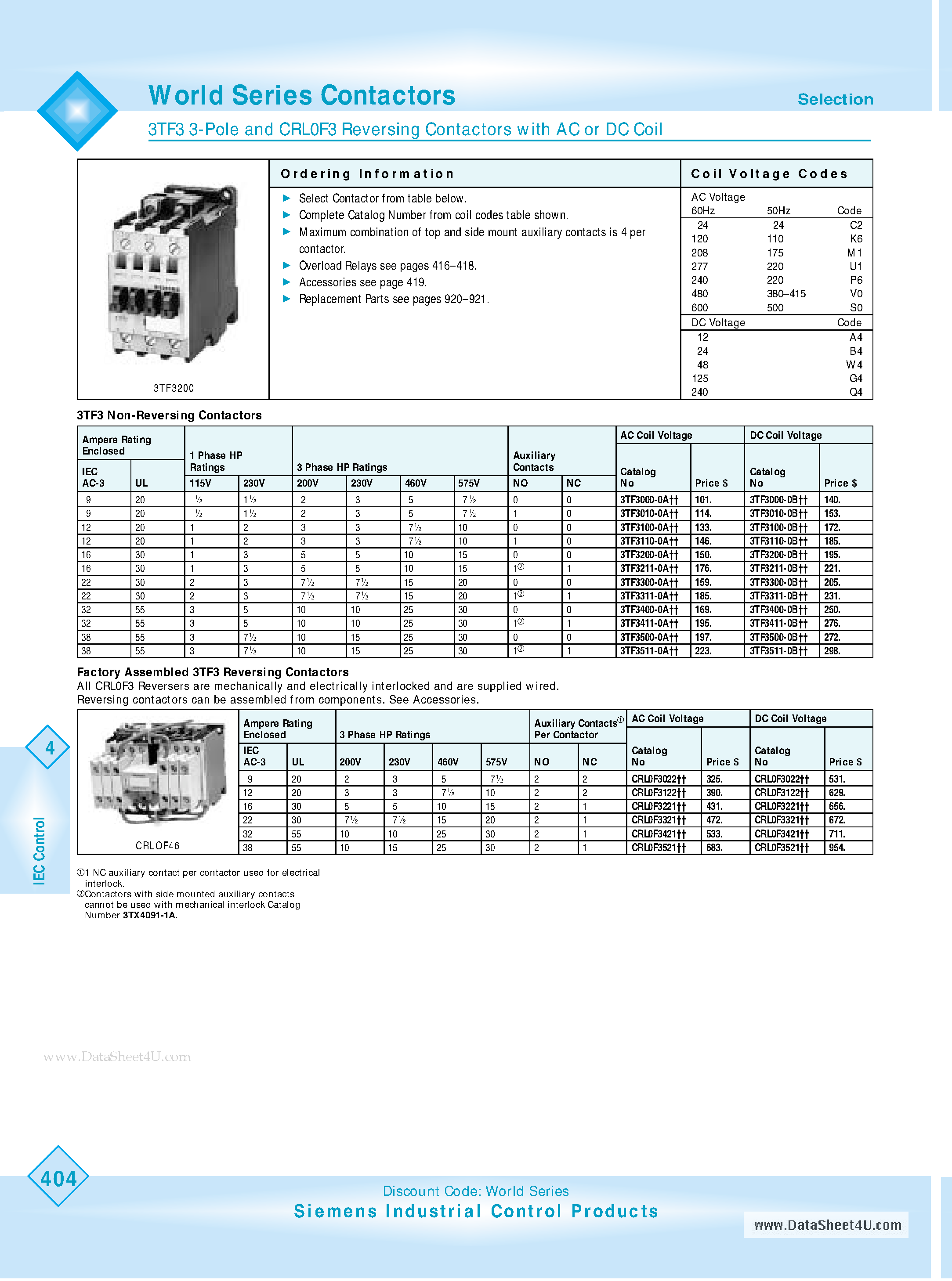 Datasheet 3TF3 - 3-Pole and CRLOF3 Reversing Contactors page 1