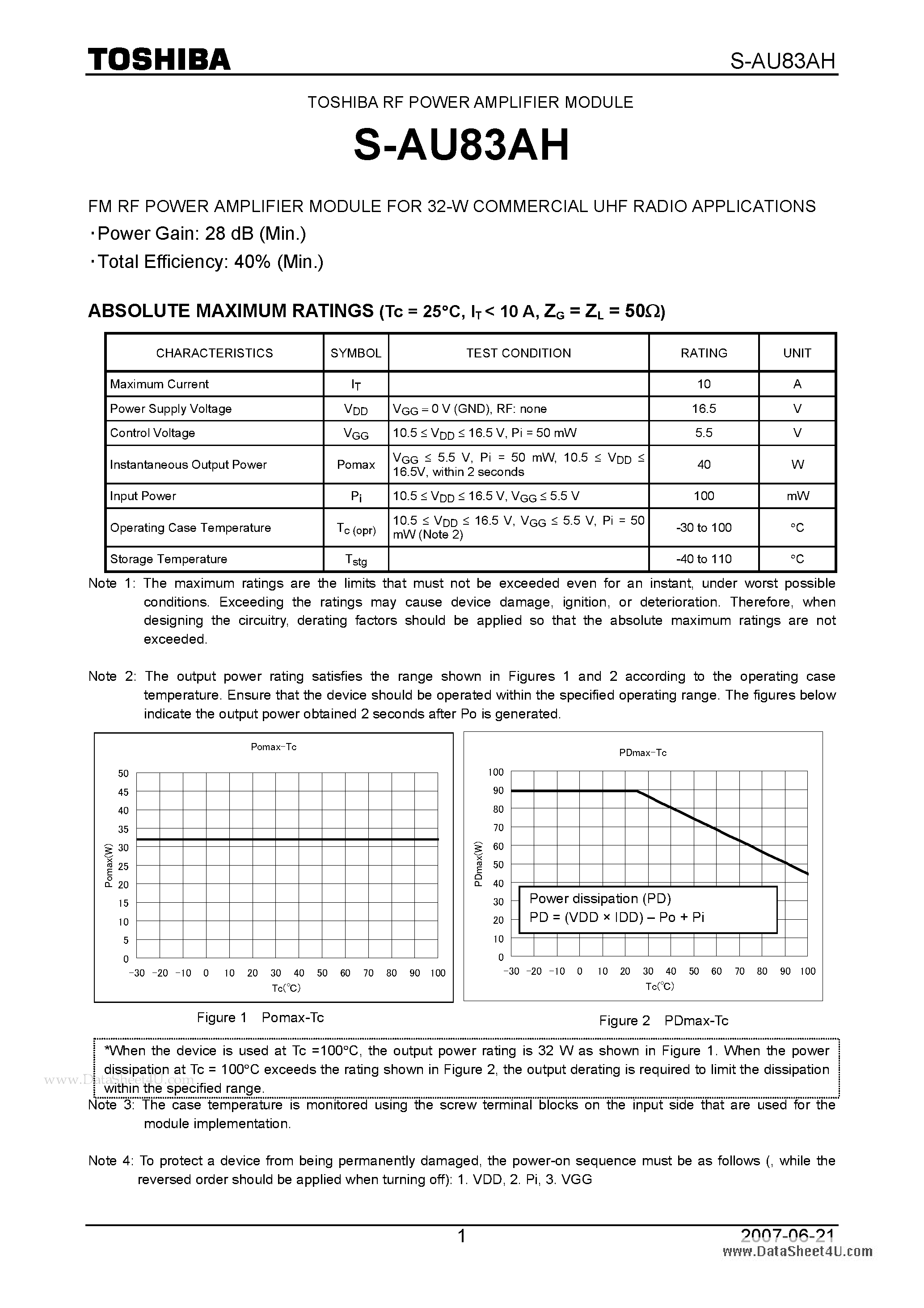 Datasheet S-AU83AH - RF POWER AMPLIFIER MODULE FM RF POWER AMPLIFIER MODULE page 1