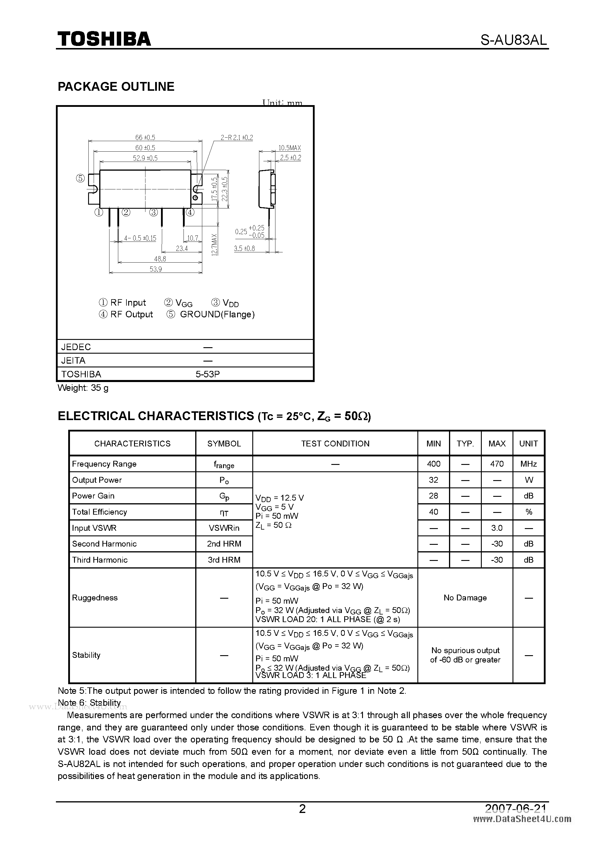 Datasheet S-AU83AL page 2 Datasheet S-AU83AL - RF POWER AMPLIFIER MODULE FM RF POWER AMPLIFIER MODULE page 2