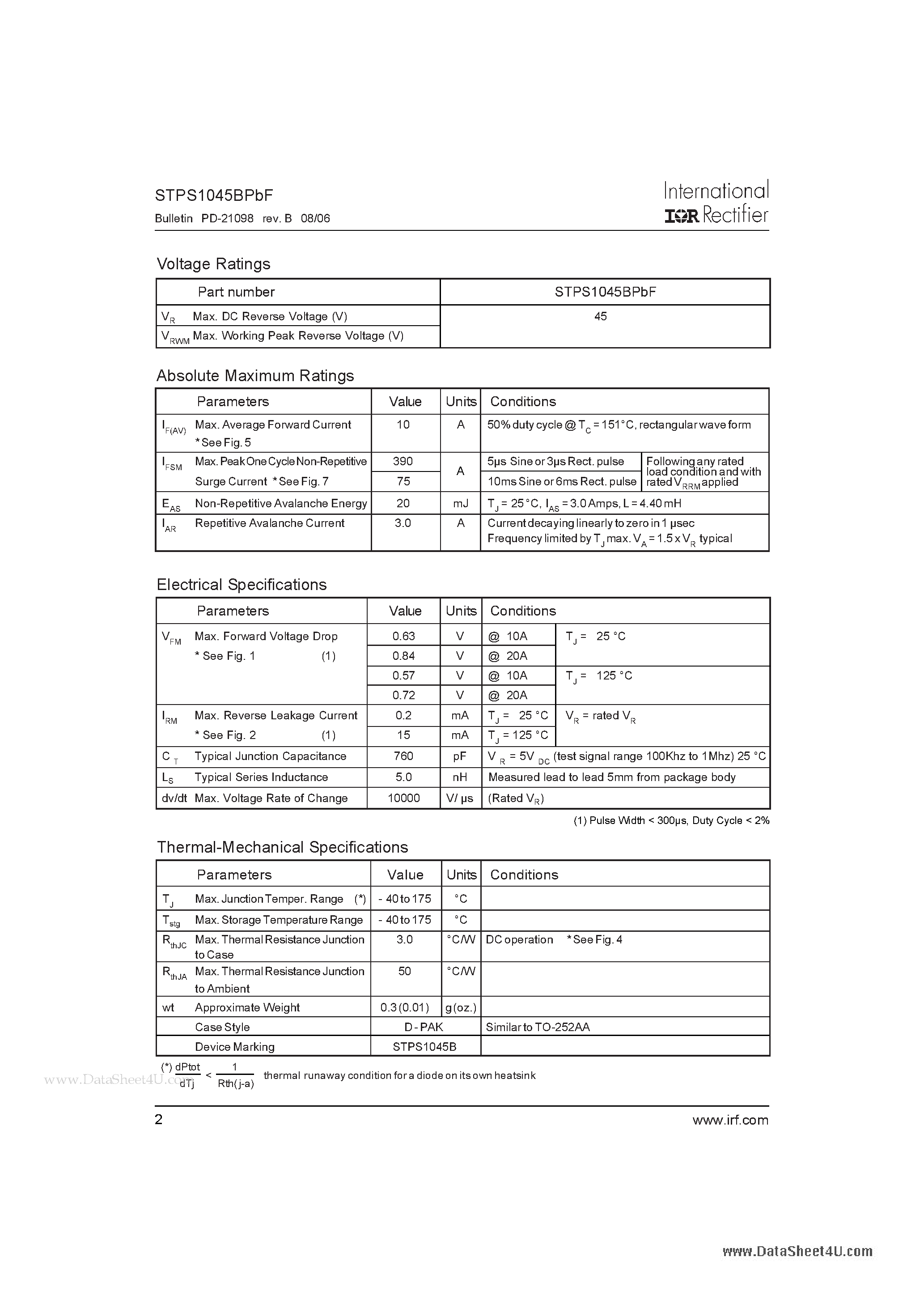 Datasheet STPS1045BPBF - SCHOTTKY RECTIFIER page 2