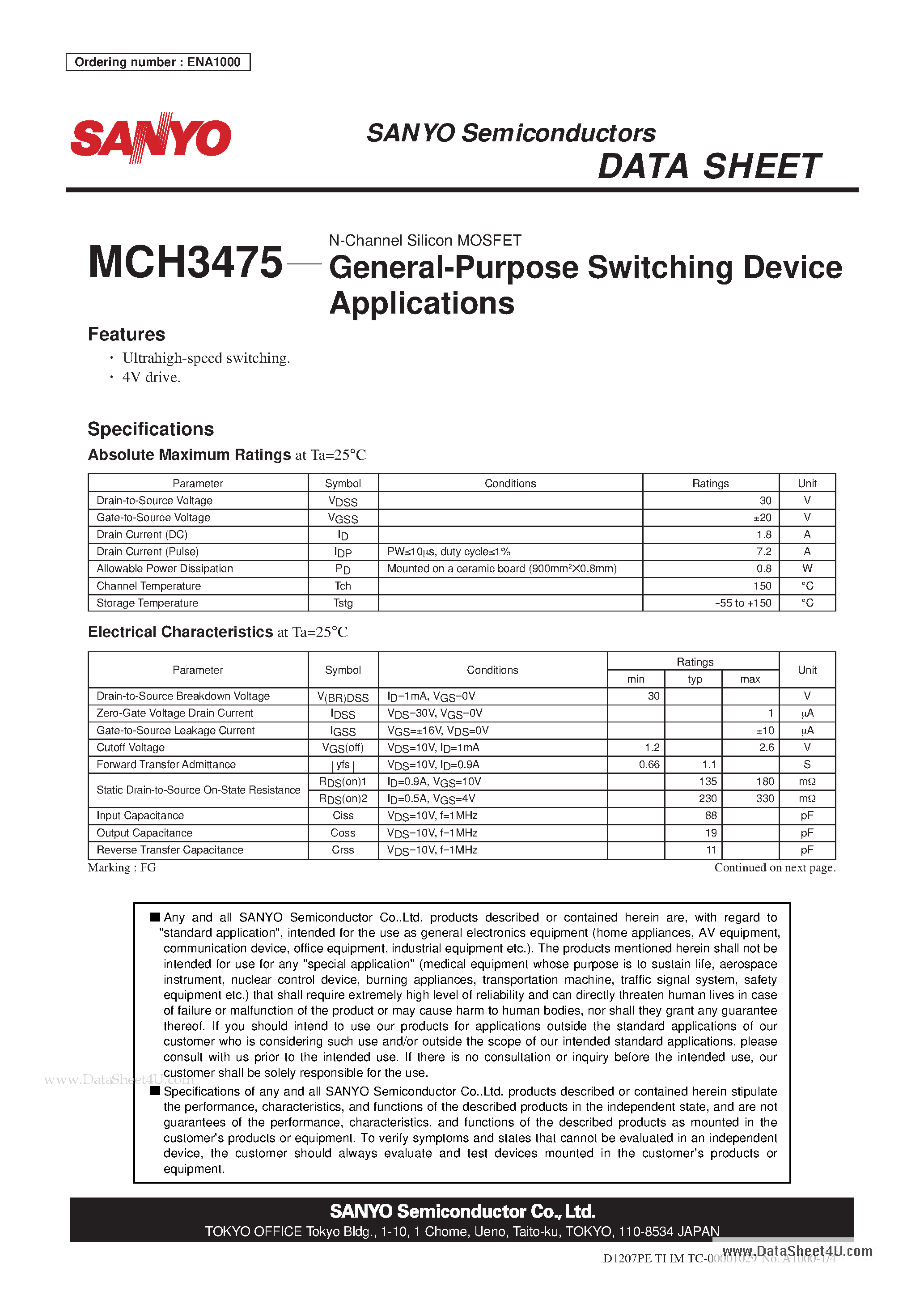 Datasheet MCH3475 - N-Channel Silicon MOSFET General-Purpose Switching Device Applications page 1