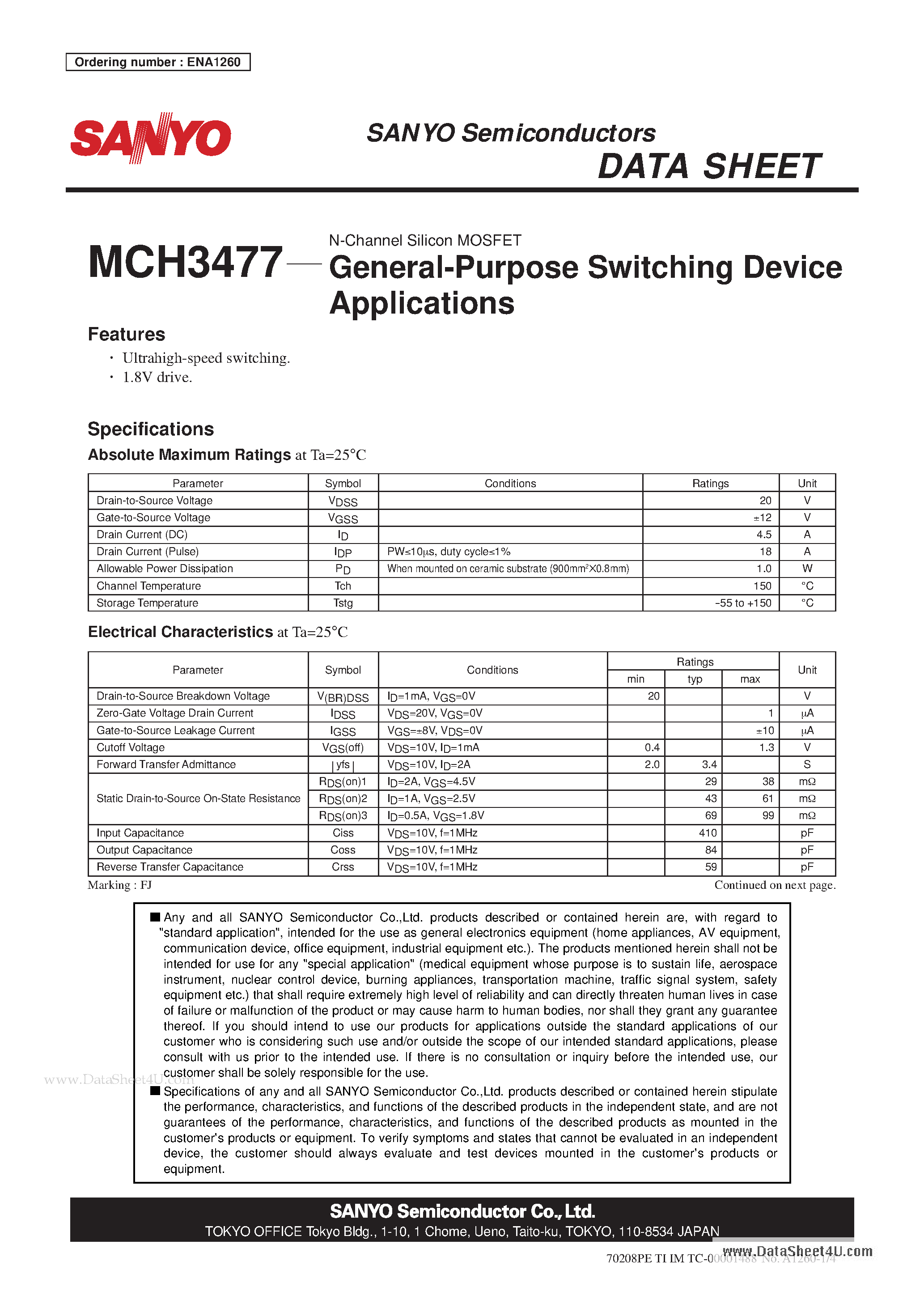 Datasheet MCH3477 - N-Channel Silicon MOSFET General-Purpose Switching Device Applications page 1
