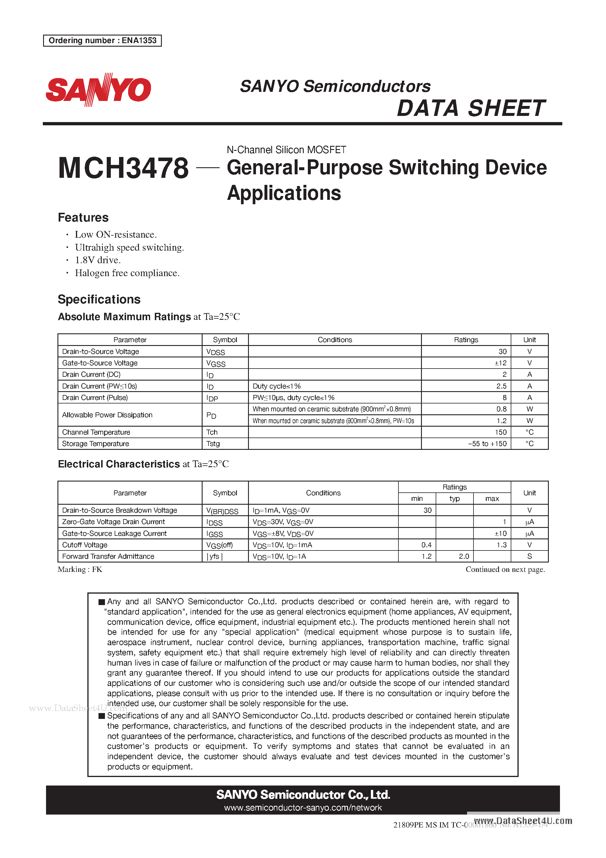 Datasheet MCH3478 page 1 Datasheet MCH3478 - General-Purpose Switching Device Applications page 1
