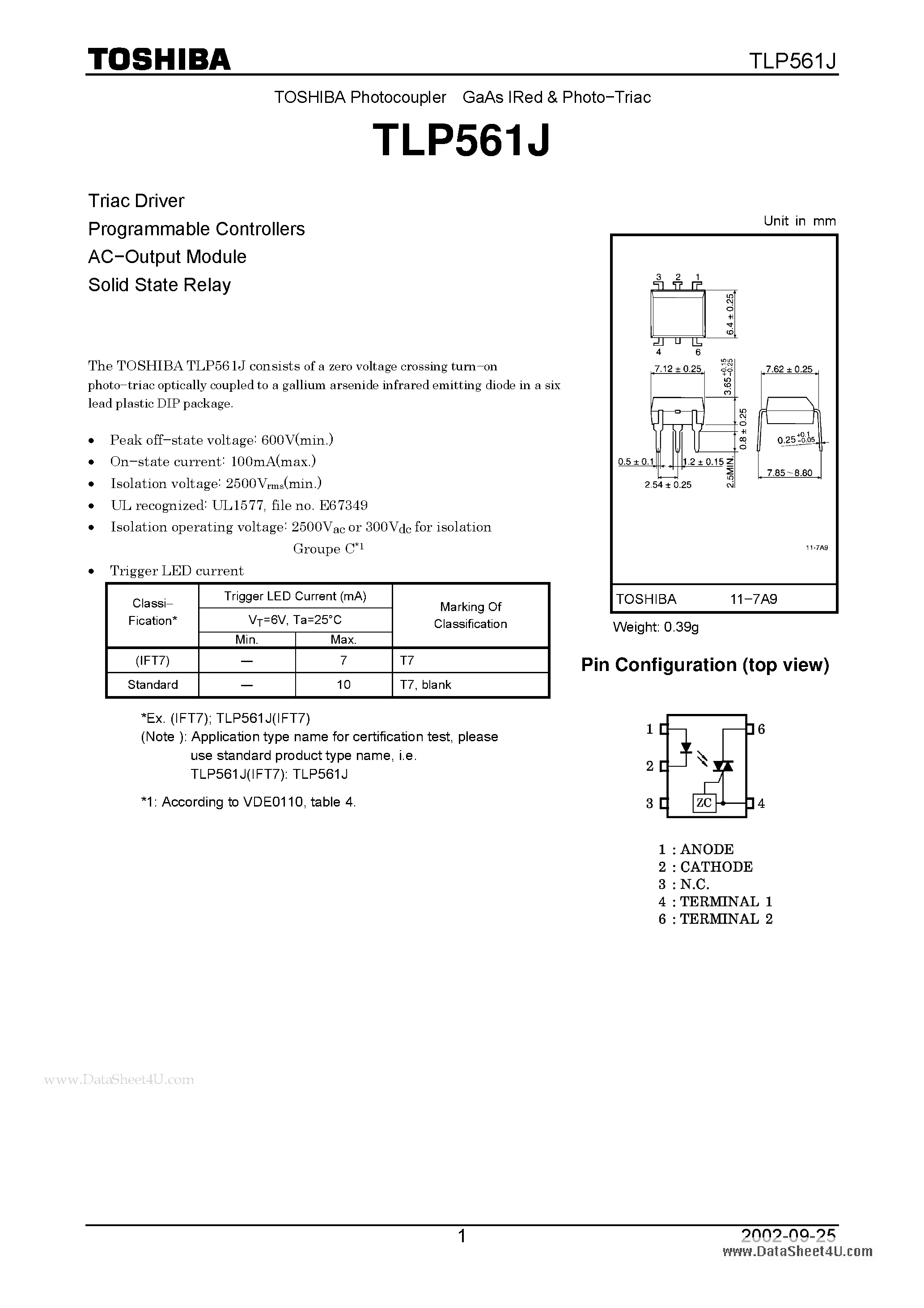 Даташит TLP561J - Photocoupler GaAs IRed & Photo-Triac страница 1