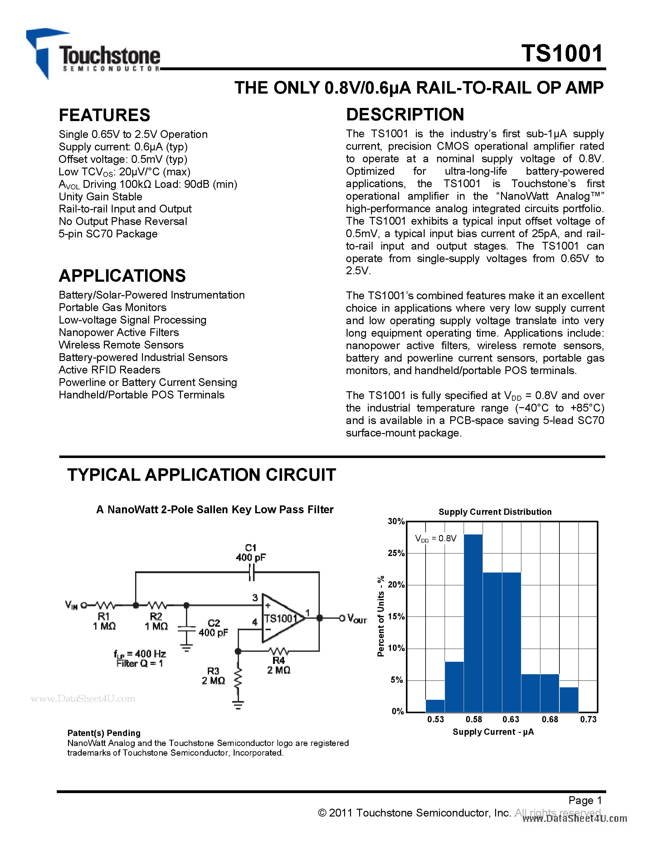 Datasheet TS1001 - RAIL-TO-RAIL OP AMP page 1
