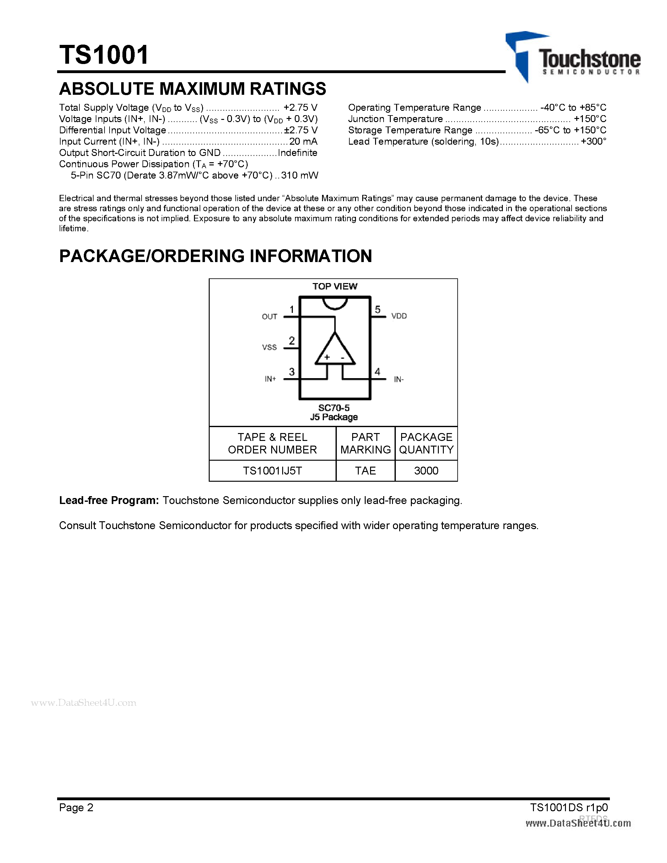 Datasheet TS1001 - RAIL-TO-RAIL OP AMP page 2