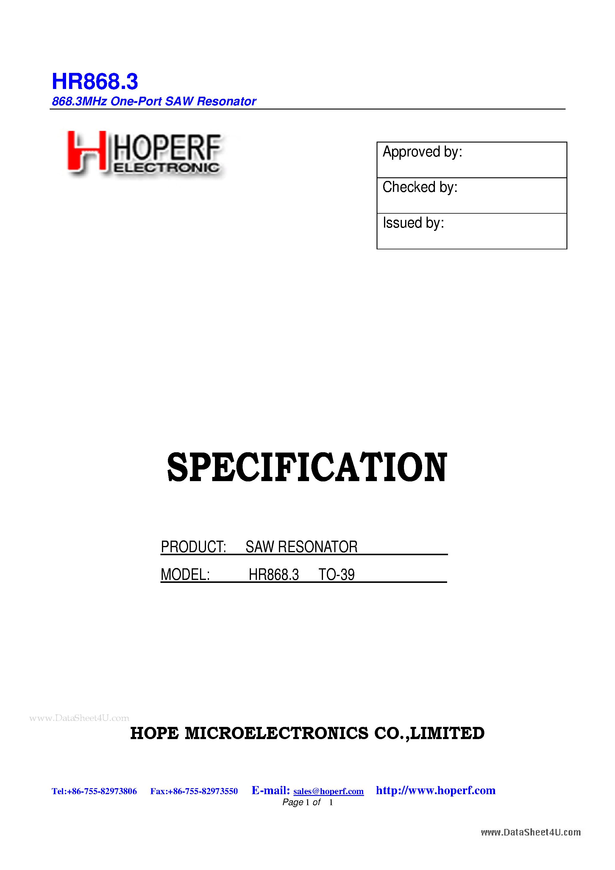 Datasheet HR868.3 - SAW Resonator page 1