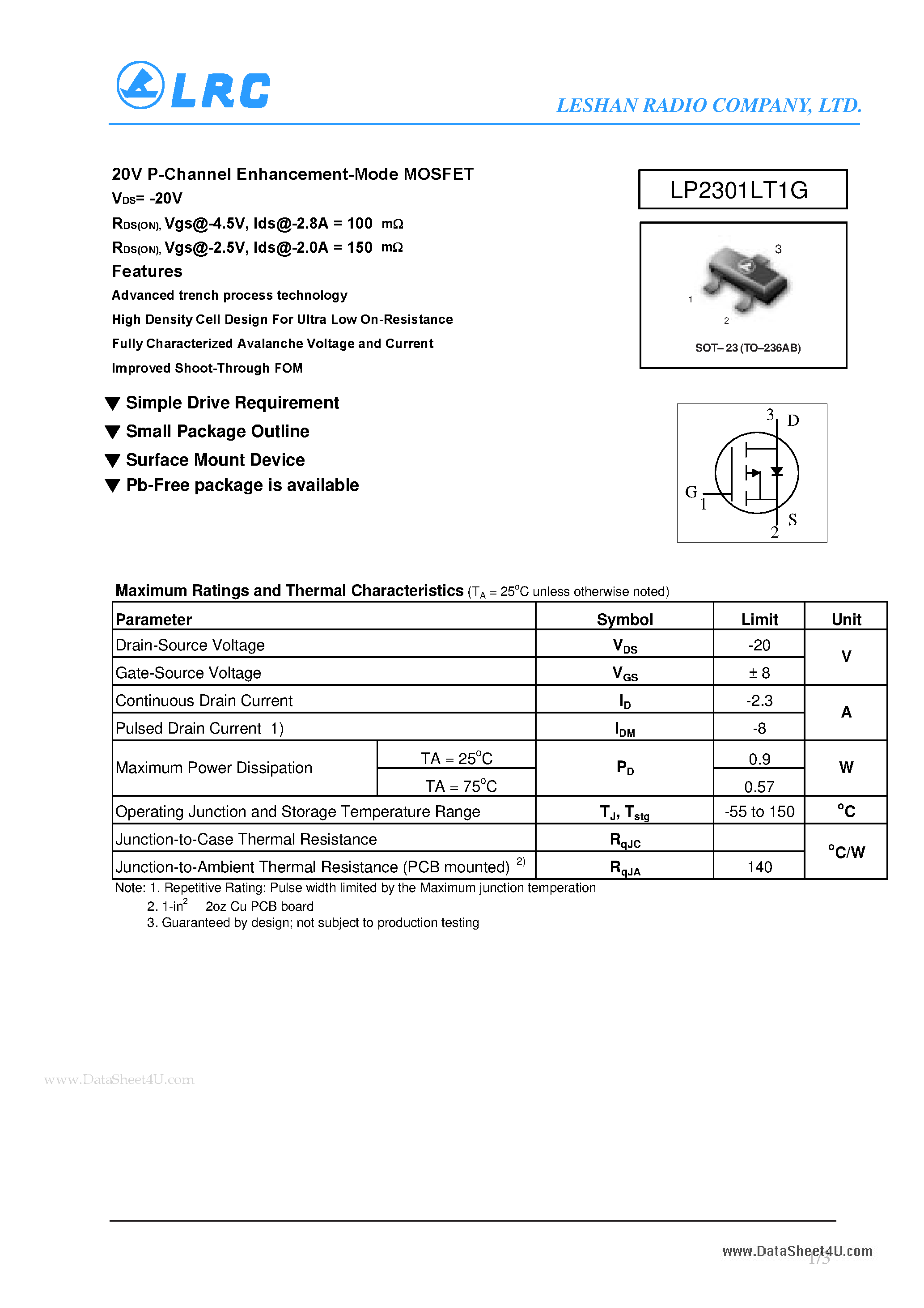Datasheet LP2301LT1G - 20V P-Channel Enhancement-Mode MOSFET page 1