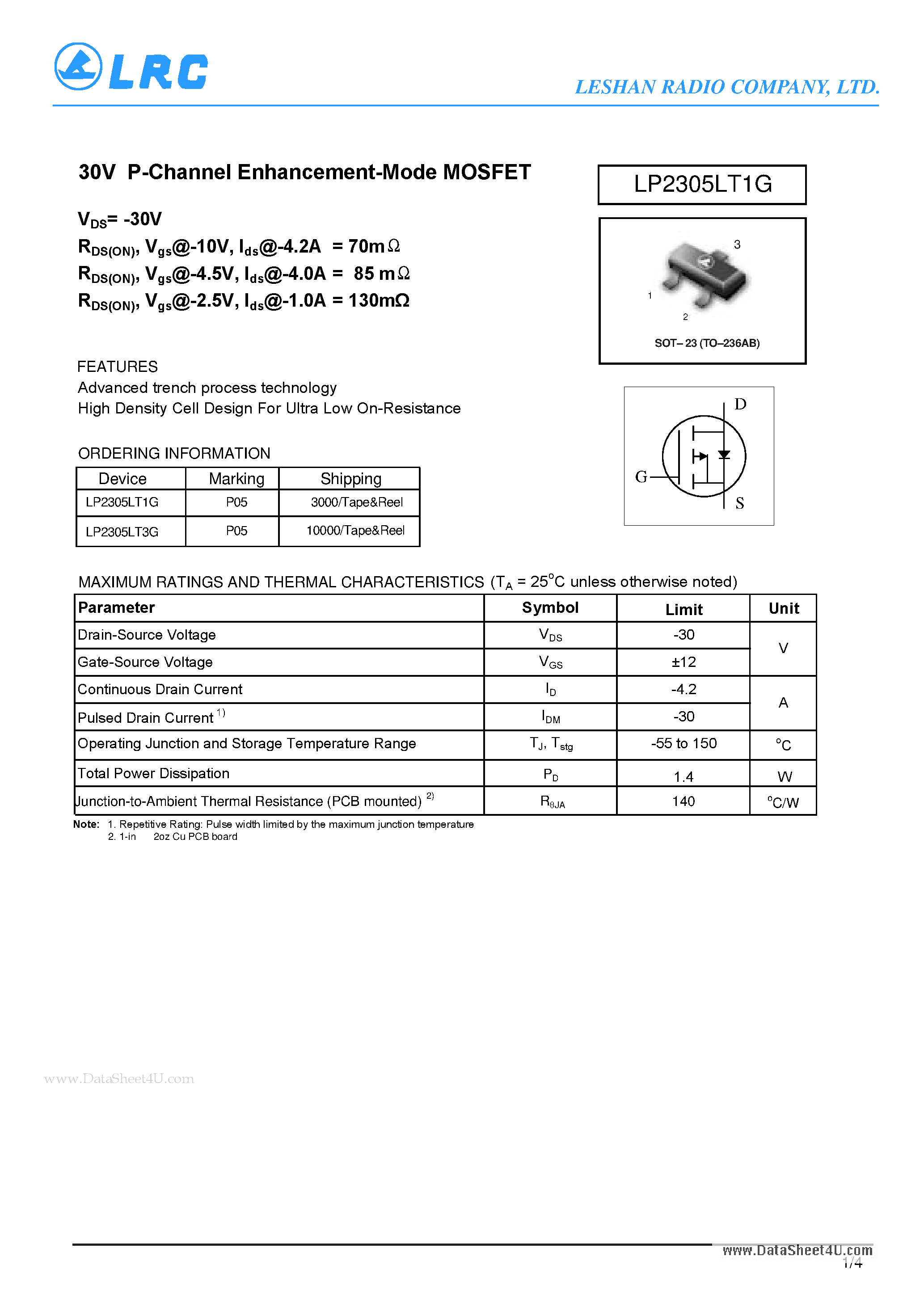Datasheet LP2305LT1G page 1 Datasheet LP2305LT1G - 30V P-Channel Enhancement-Mode MOSFET page 1