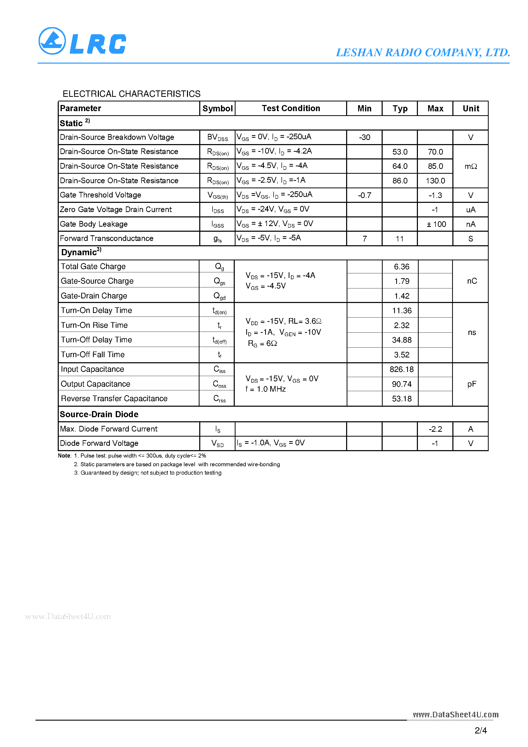 Datasheet LP2305LT1G page 2 Datasheet LP2305LT1G - 30V P-Channel Enhancement-Mode MOSFET page 2
