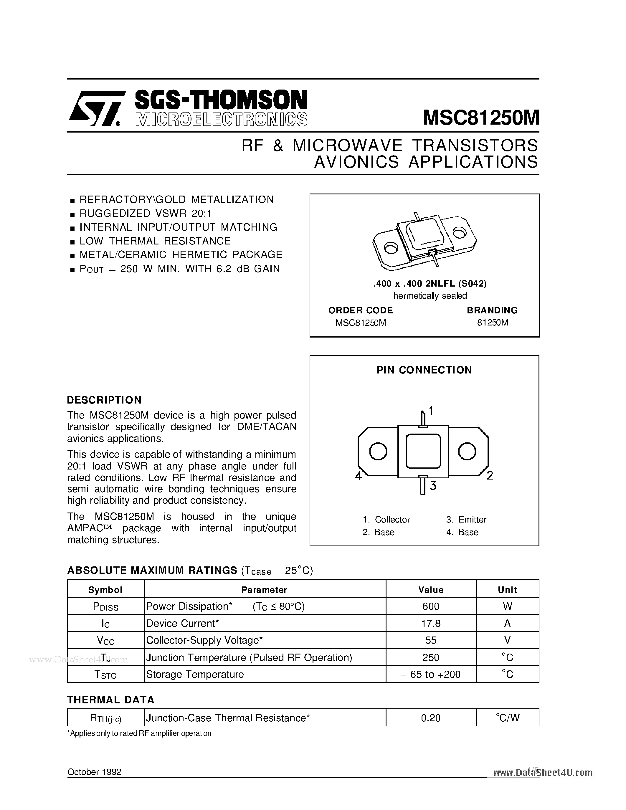 Datasheet MSC81250M - RF & MICROWAVE TRANSISTORS page 1