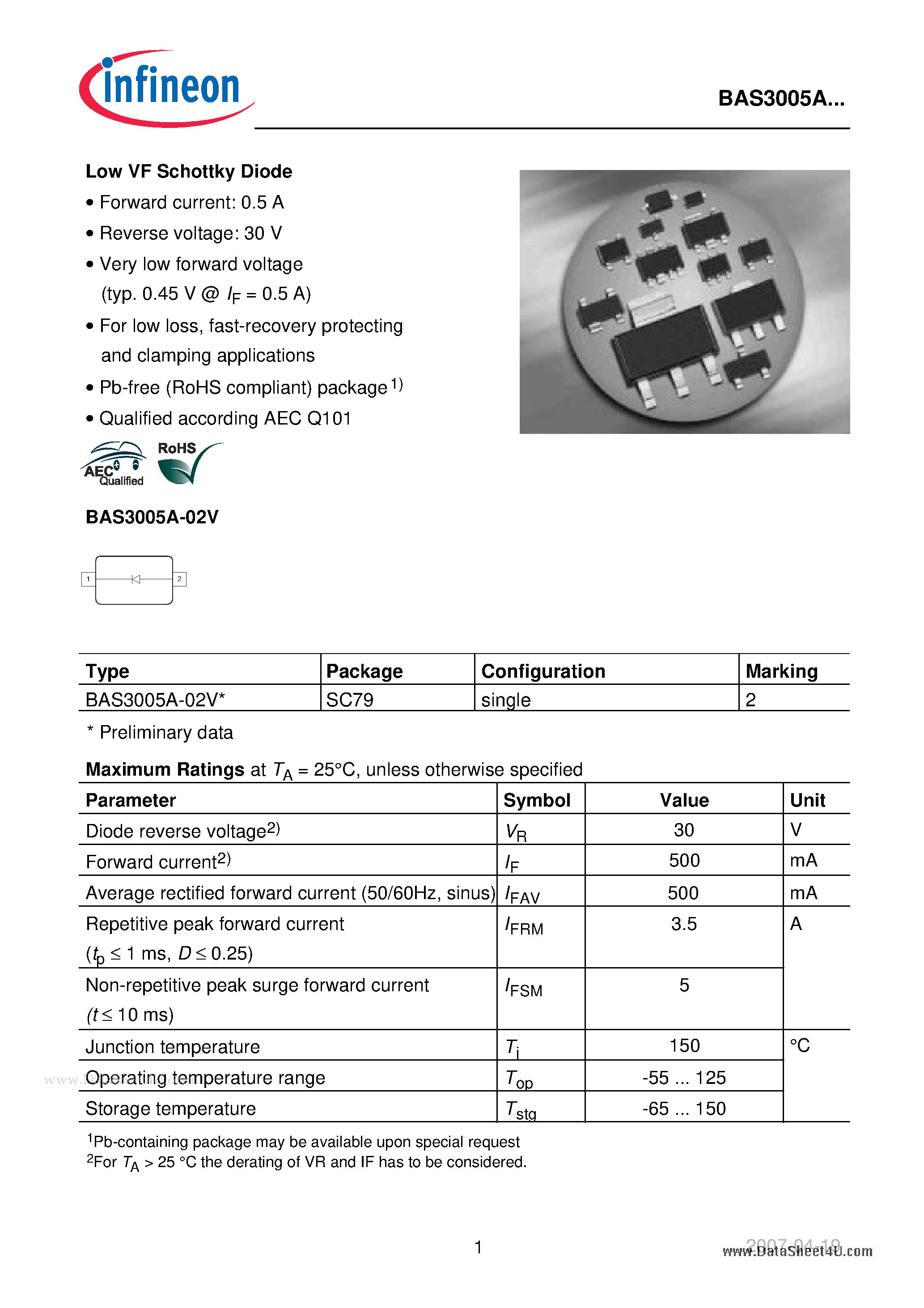 Datasheet BAS3005A page 1 Datasheet BAS3005A - Low VF Schottky Diode page 1