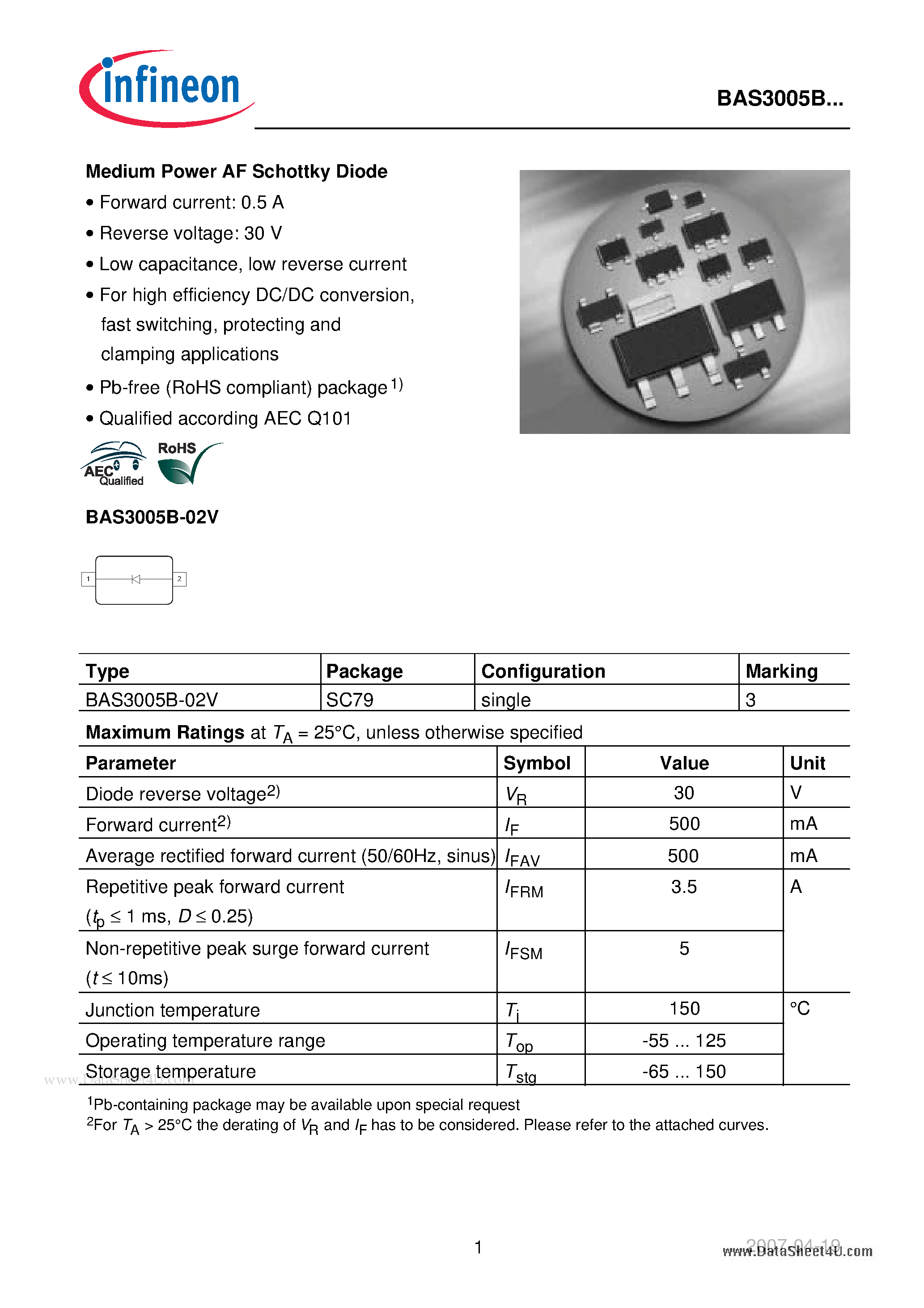 Datasheet BAS3005B page 1 Datasheet BAS3005B - Medium Power AF Schottky Diode page 1