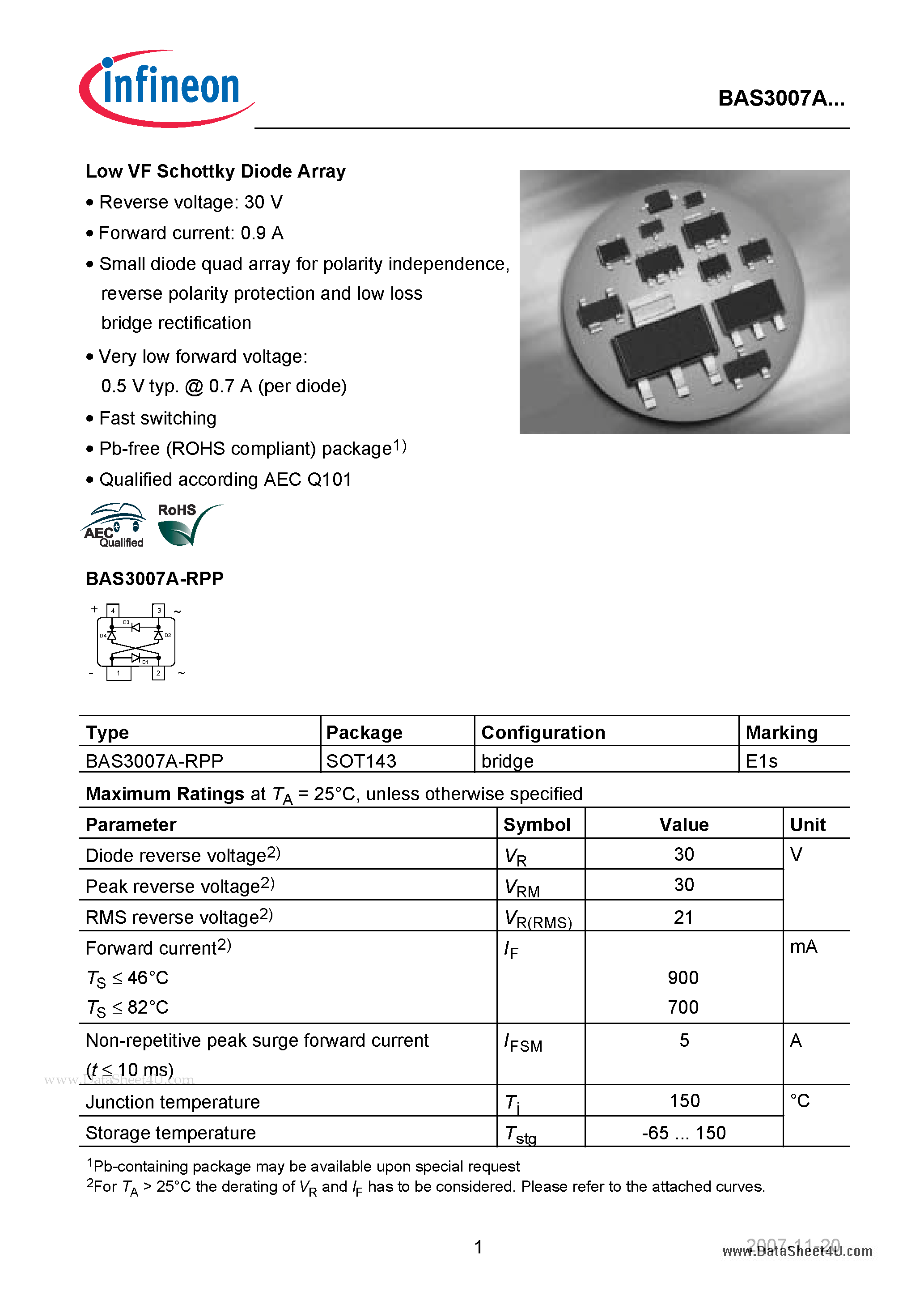 Datasheet BAS3007A page 1 Datasheet BAS3007A - Low VF Schottky Diode Array page 1
