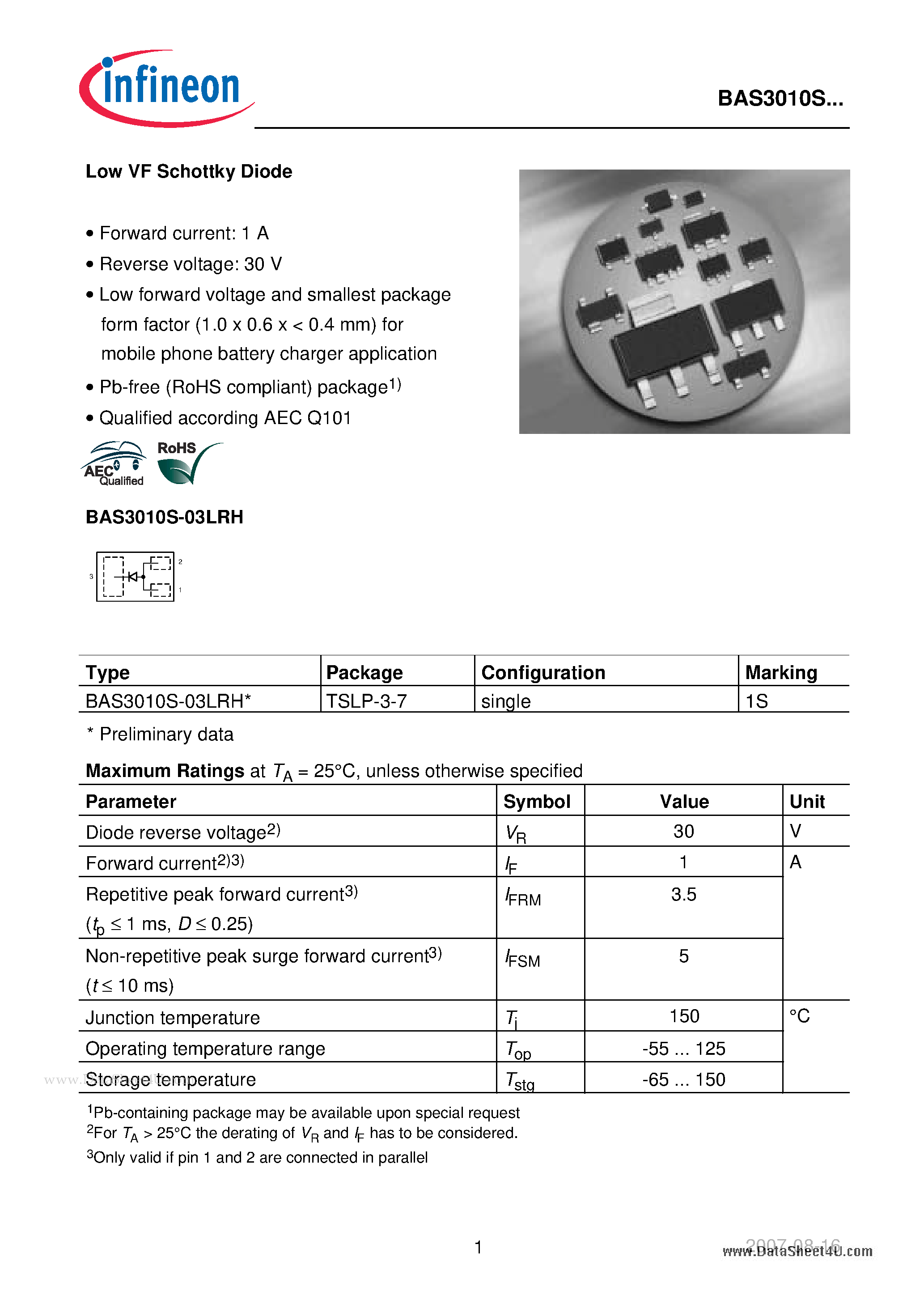 Datasheet BAS3010S page 1 Datasheet BAS3010S - Low VF Schottky Diode page 1