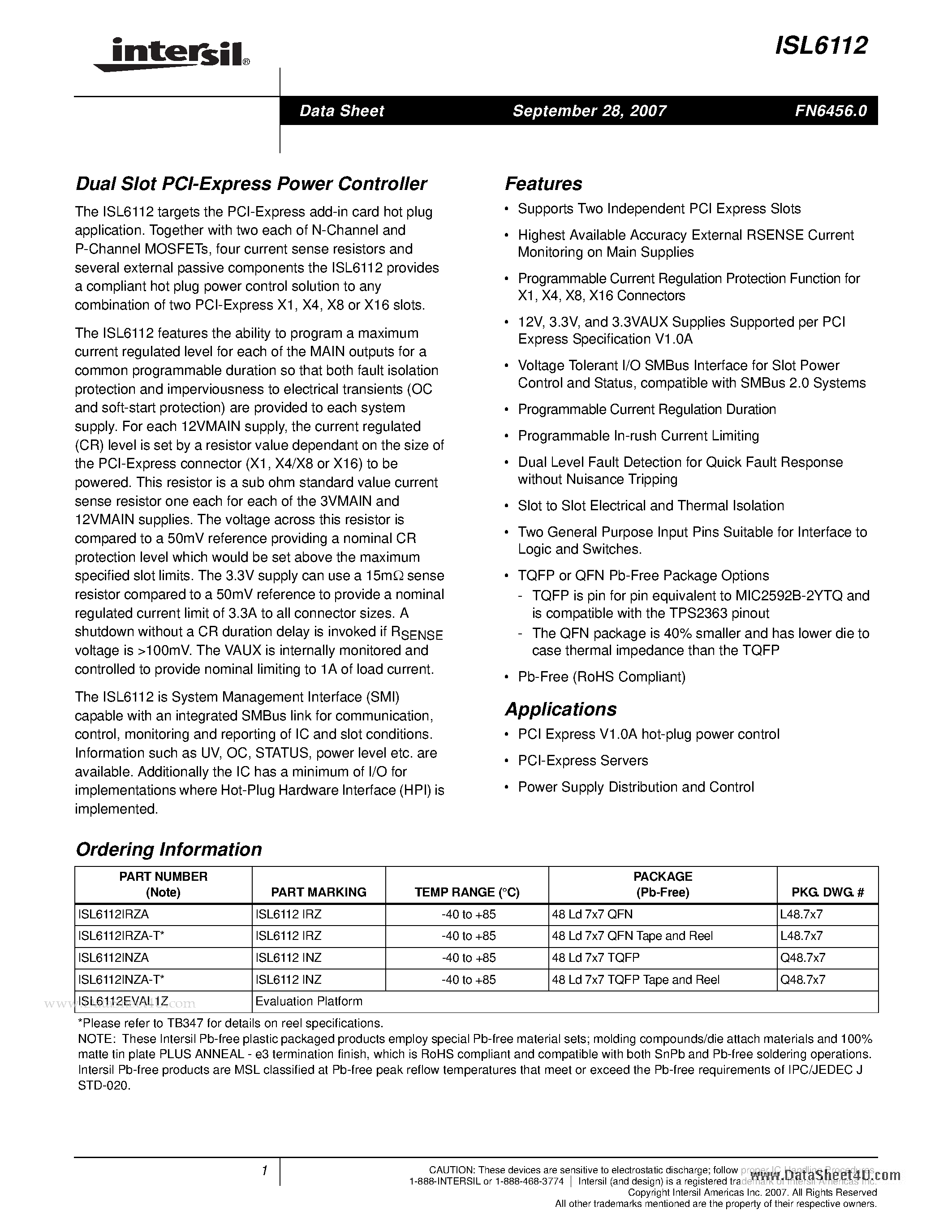 Datasheet ISL6112 page 1 Datasheet ISL6112 - Dual Slot PCI-Express Power Controller page 1