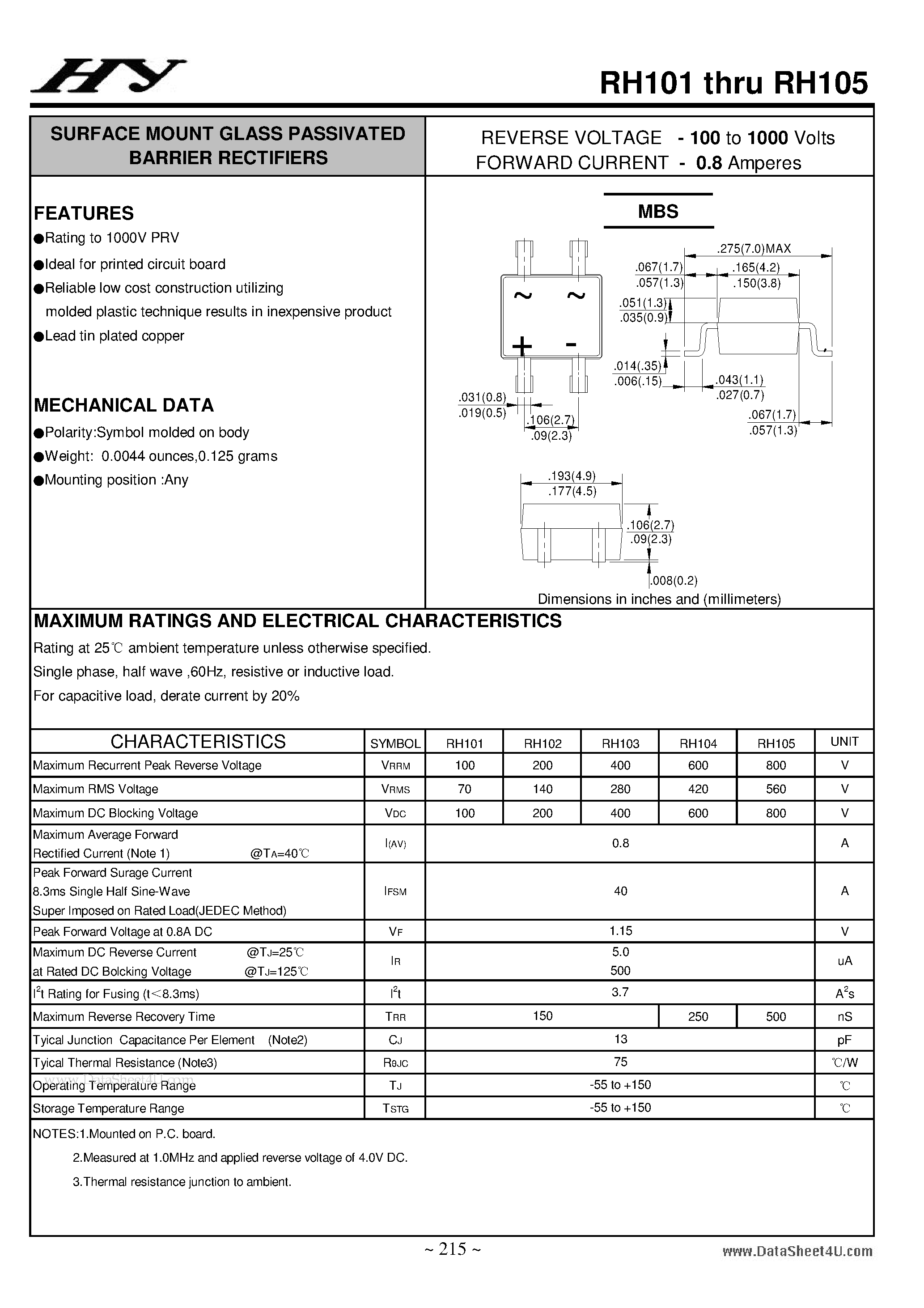 Datasheet RH101 page 1 Datasheet RH101 - (RH101 - RH105) SURFACE MOUNT GLASS PASSIVATED BARRIER RECTIFIERS page 1