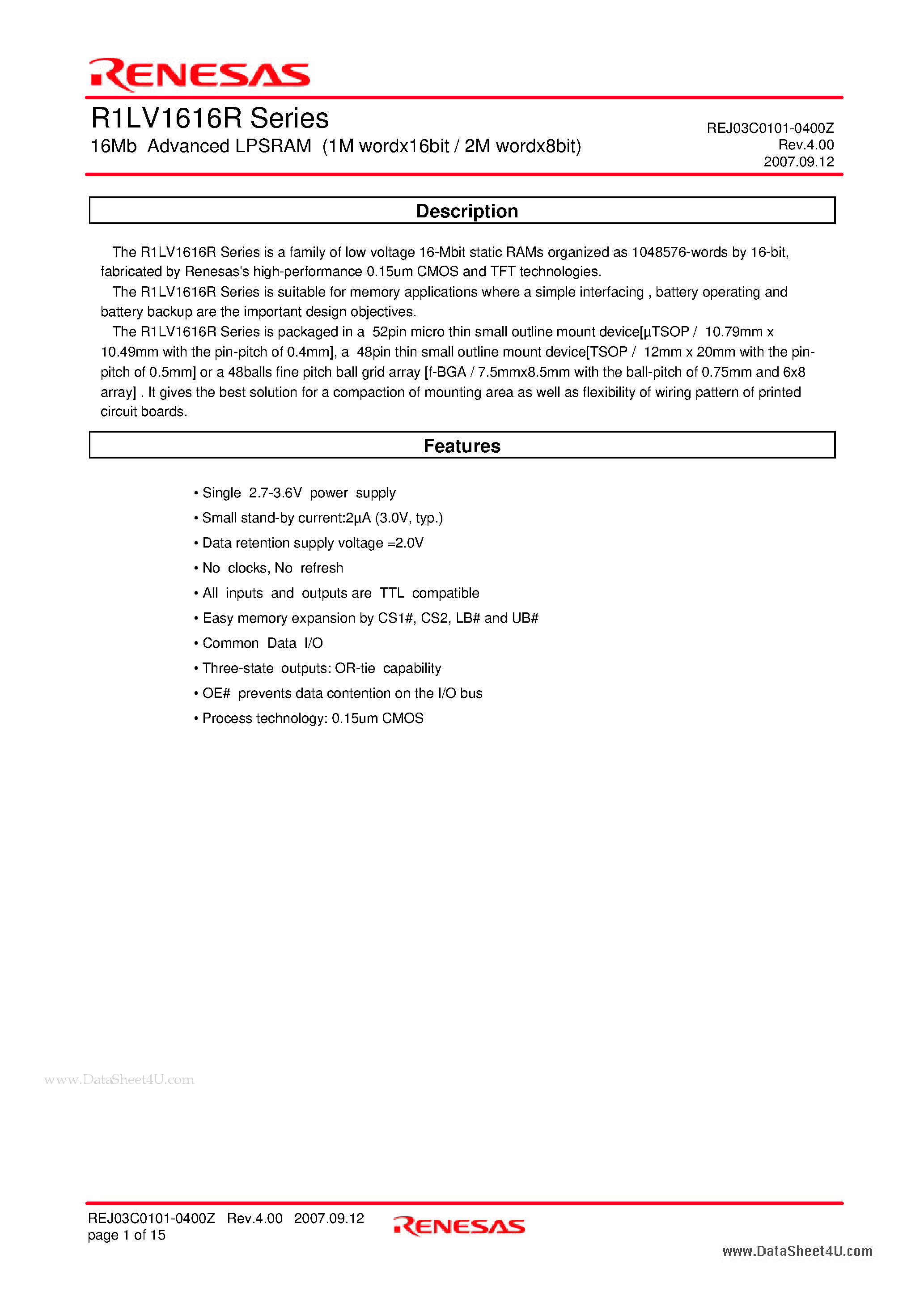 Даташит R1LV1616R - 16Mb Advanced LPSRAM страница 1