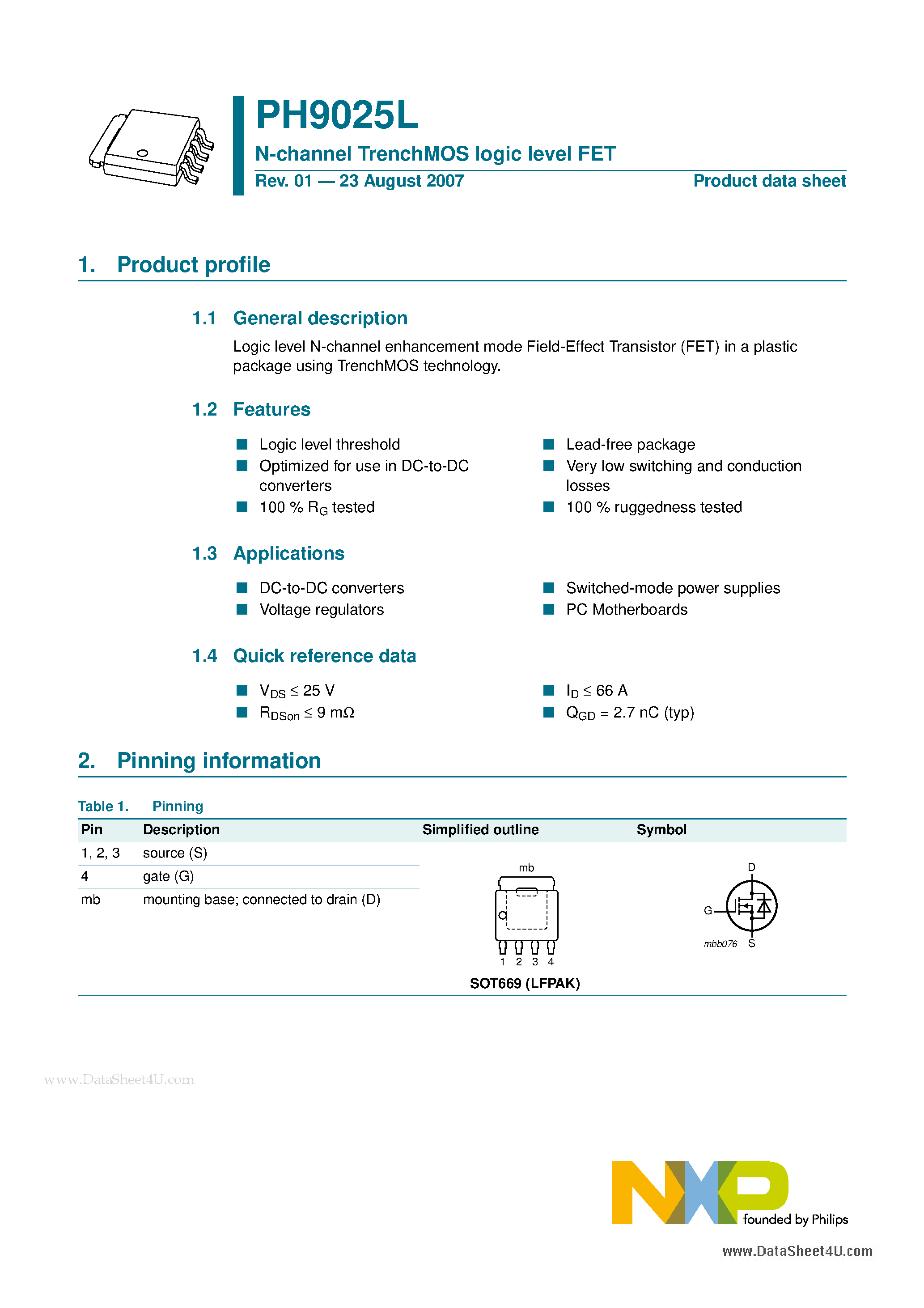 Datasheet PH9025L - N-channel TrenchMOS logic level FET page 1