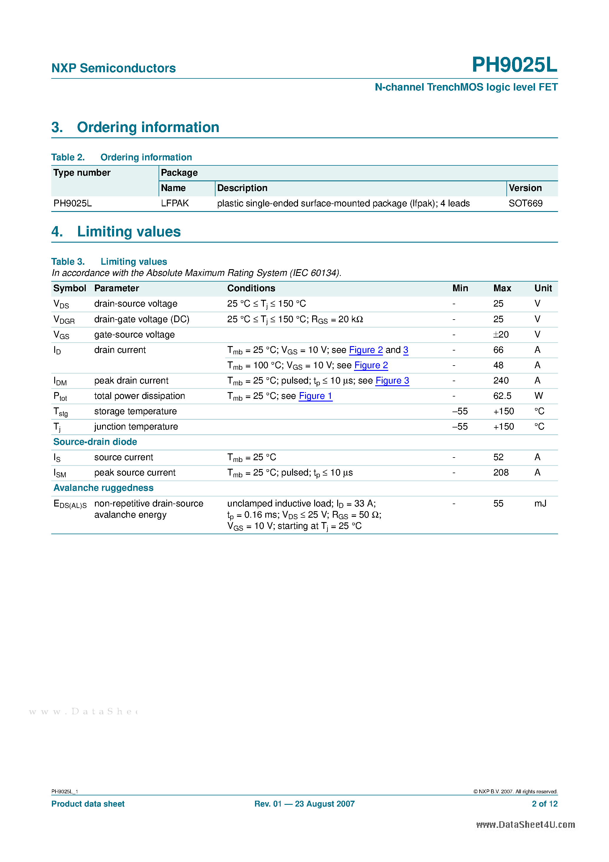 Datasheet PH9025L - N-channel TrenchMOS logic level FET page 2