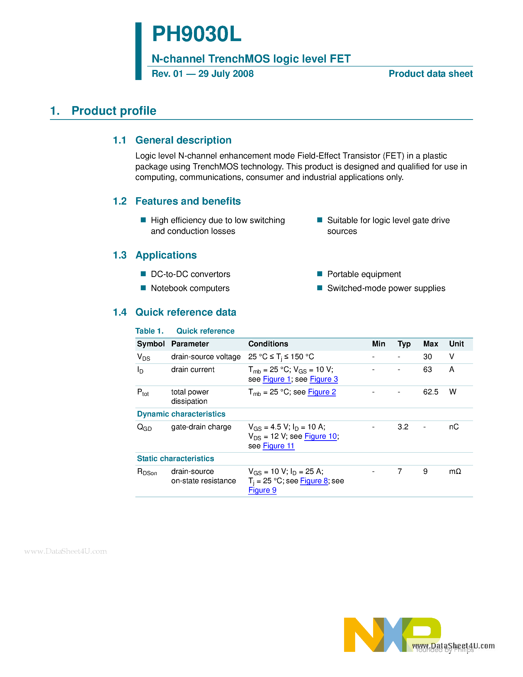 Datasheet PH9030L - N-channel TrenchMOS logic level FET page 1
