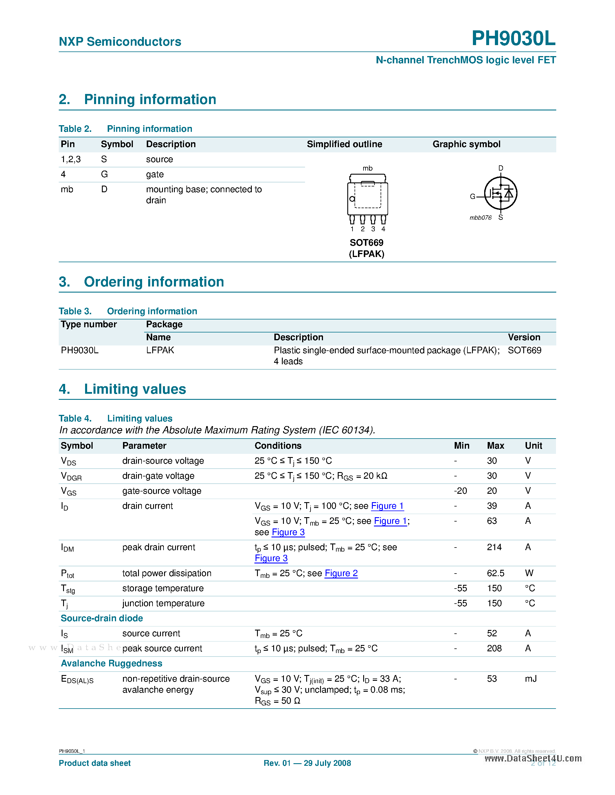 Datasheet PH9030L - N-channel TrenchMOS logic level FET page 2
