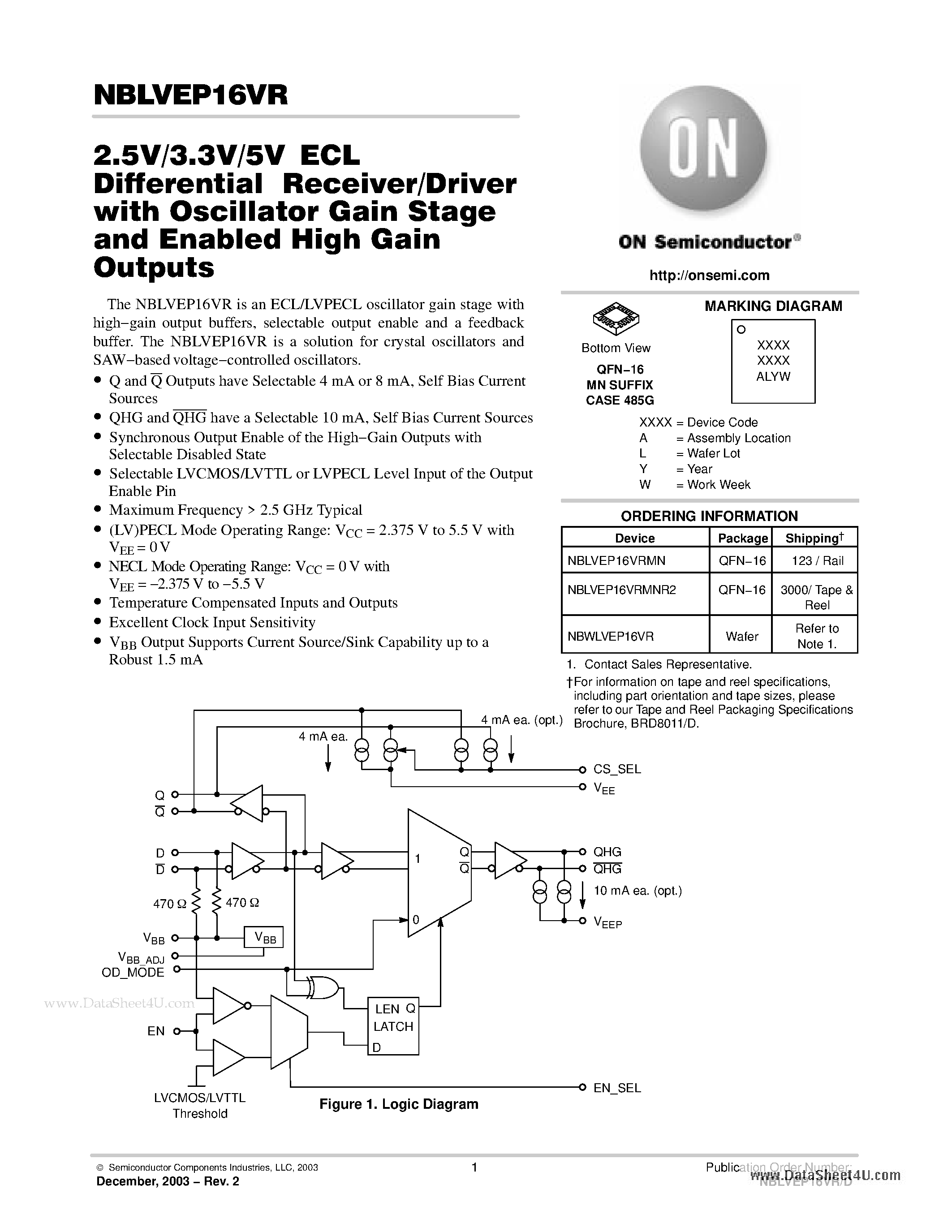 Datasheet NBLVEP16VR - 2.5V/3.3V/5V ECL Differential Receiver/Driver page 1