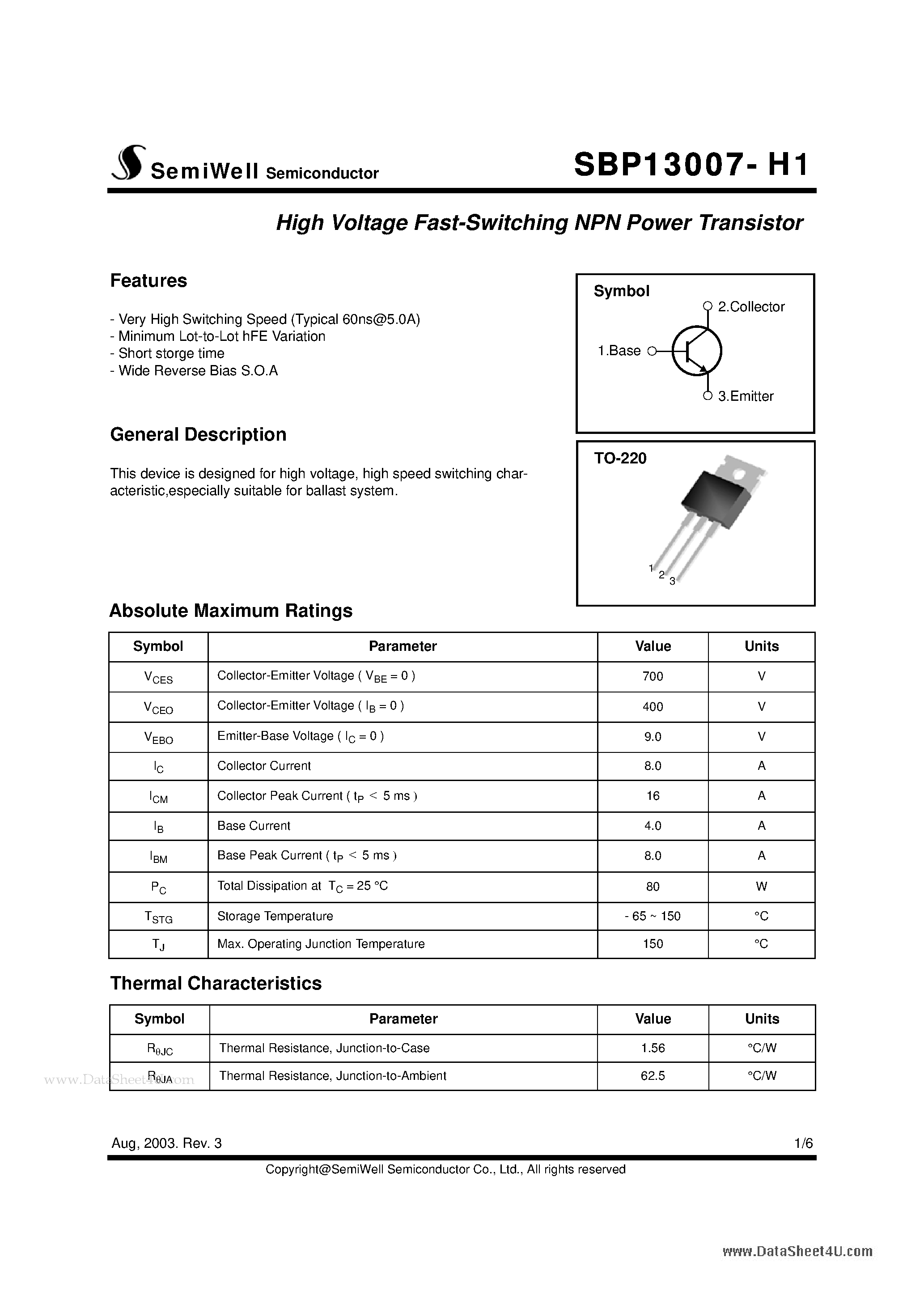 Datasheet SBP13007-H1 page 1 Datasheet SBP13007-H1 - High Voltage Fast-Switching NPN Power Transistor page 1