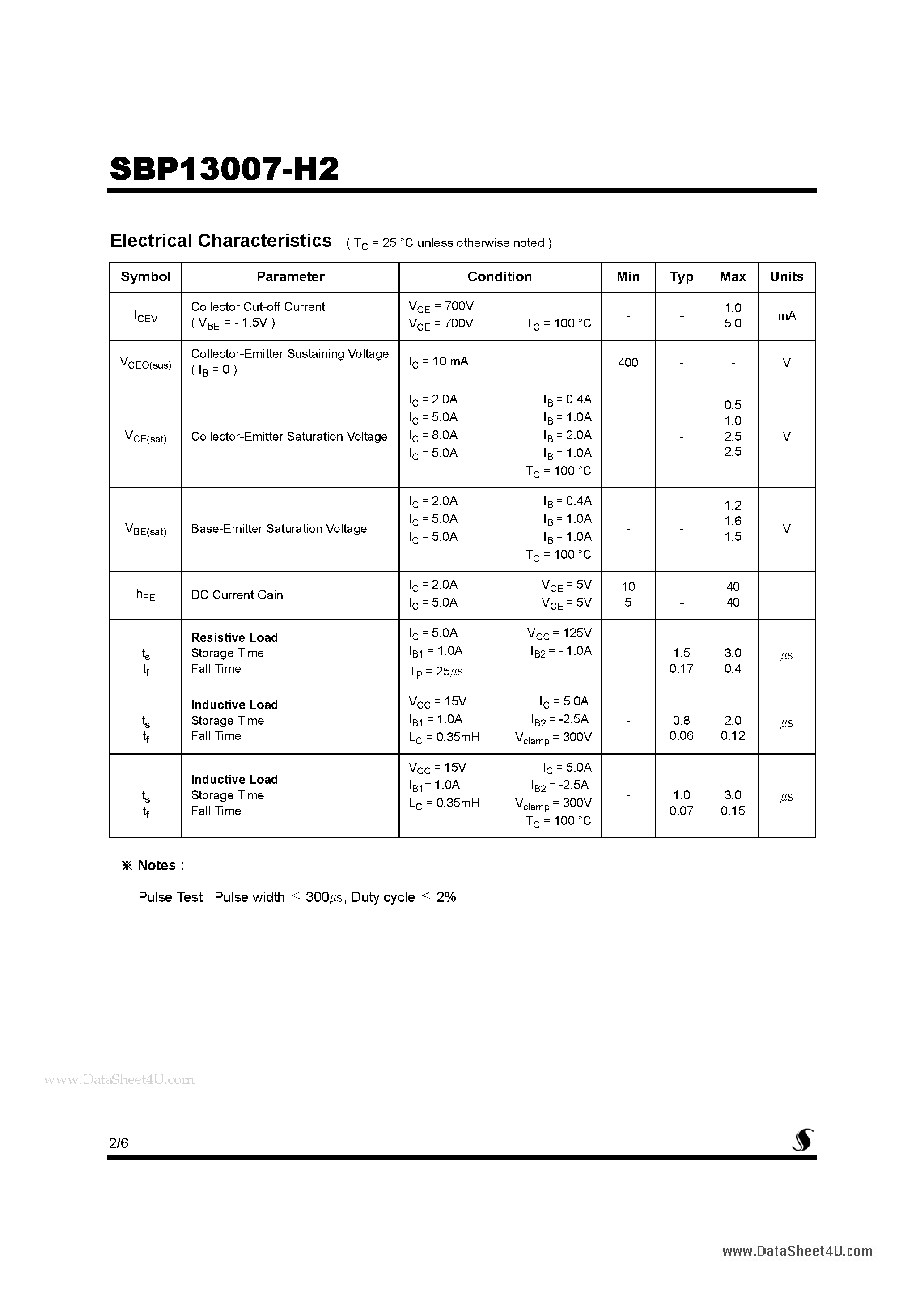 Datasheet SBP13007-H2 page 2 Datasheet SBP13007-H2 - High Voltage Fast-Switching NPN Power Transistor page 2