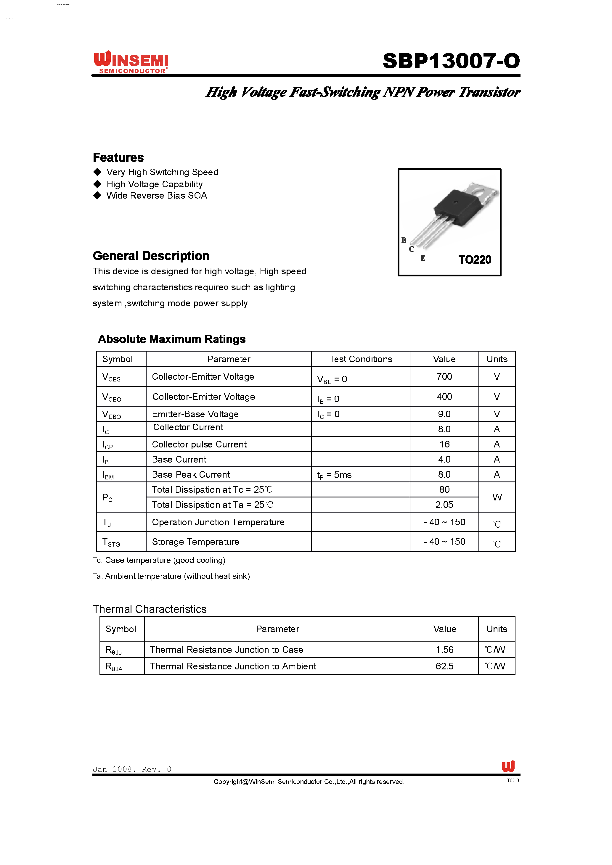 Datasheet SBP13007-O - High Voltage Fast-Switching NPN Power Transistor page 1