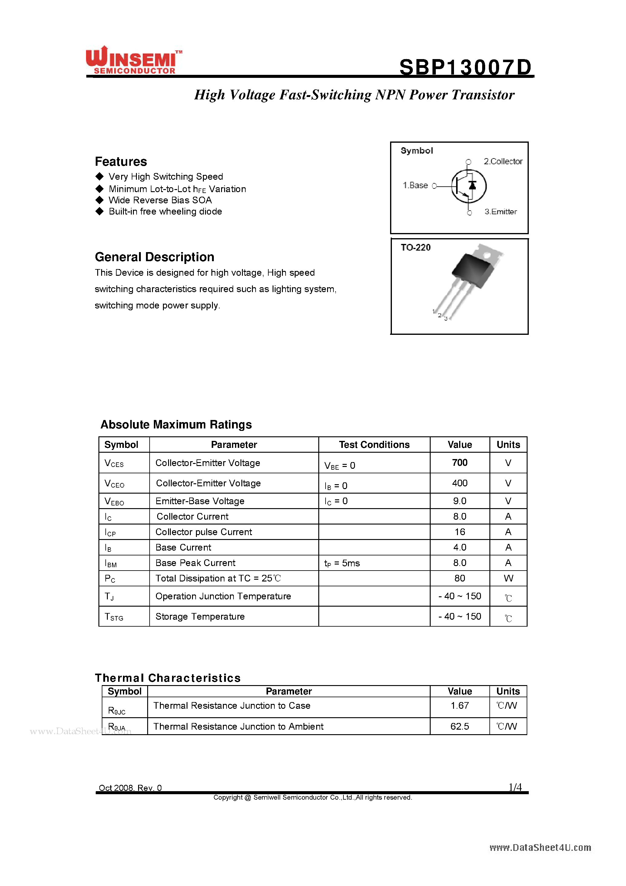 Datasheet SBP13007D page 1 Datasheet SBP13007D - High Voltage Fast-Switching NPN Power Transistor page 1
