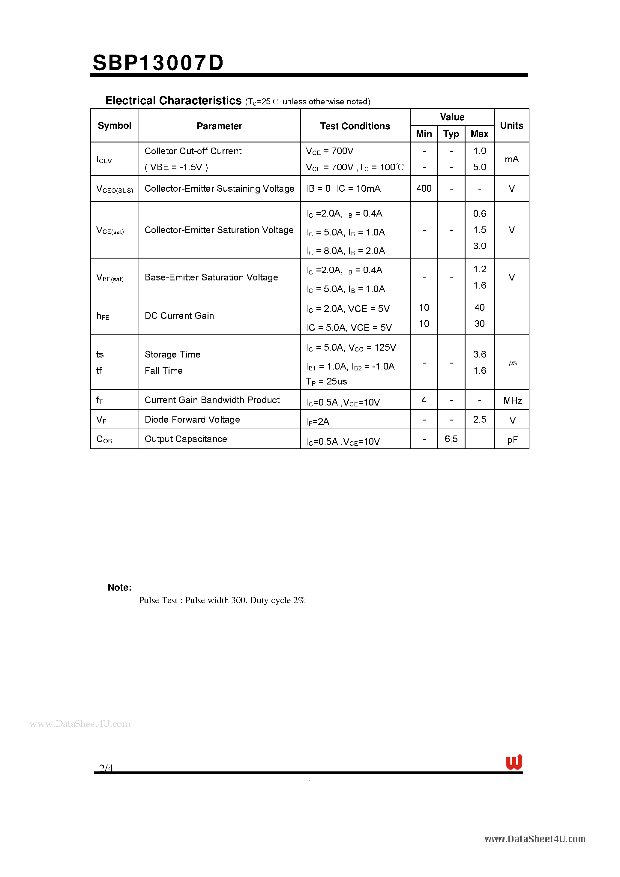 Datasheet SBP13007D page 2 Datasheet SBP13007D - High Voltage Fast-Switching NPN Power Transistor page 2