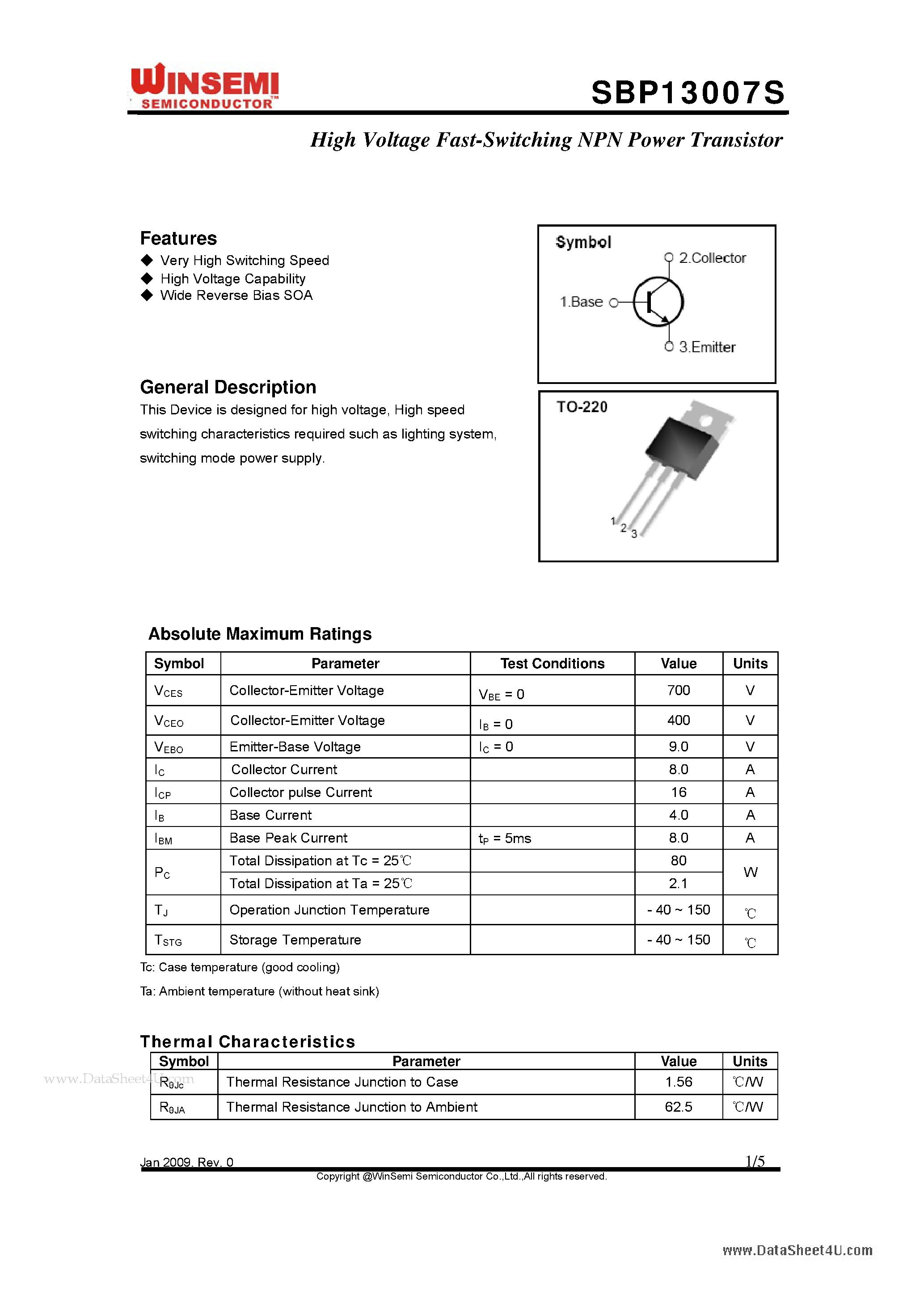 Datasheet SBP13007S page 1 Datasheet SBP13007S - High Voltage Fast-Switching NPN Power Transistor page 1