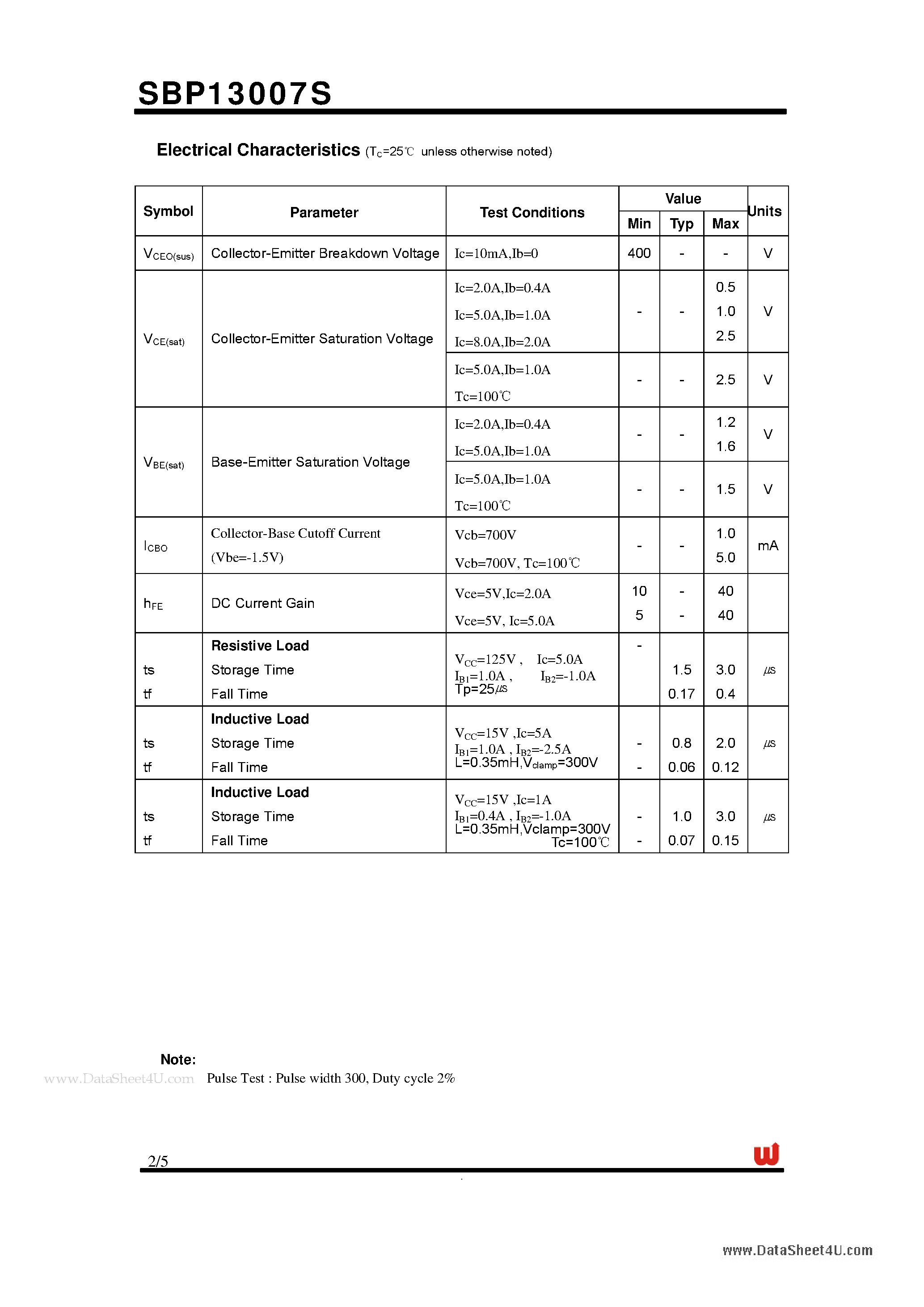 Datasheet SBP13007S page 2 Datasheet SBP13007S - High Voltage Fast-Switching NPN Power Transistor page 2