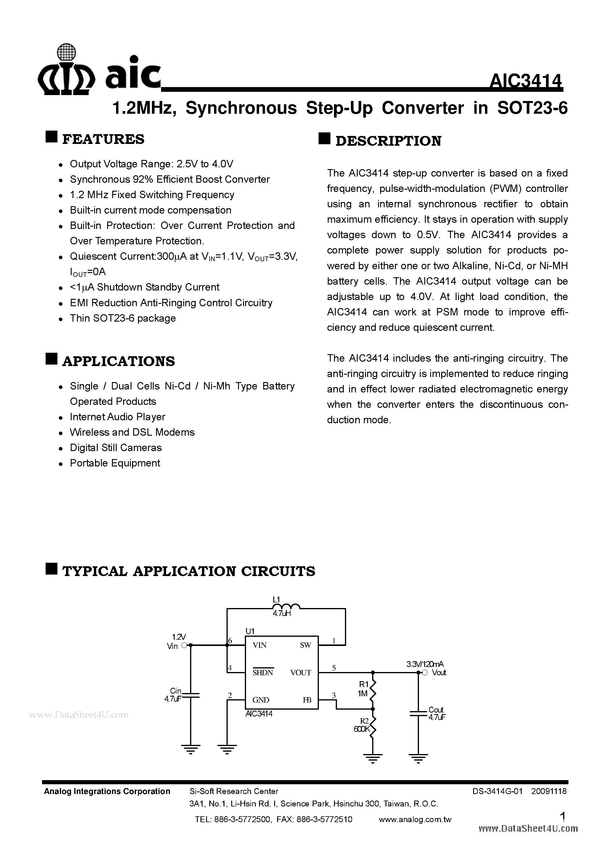 Даташит AIC3414 - Synchronous Step-Up Converter страница 1