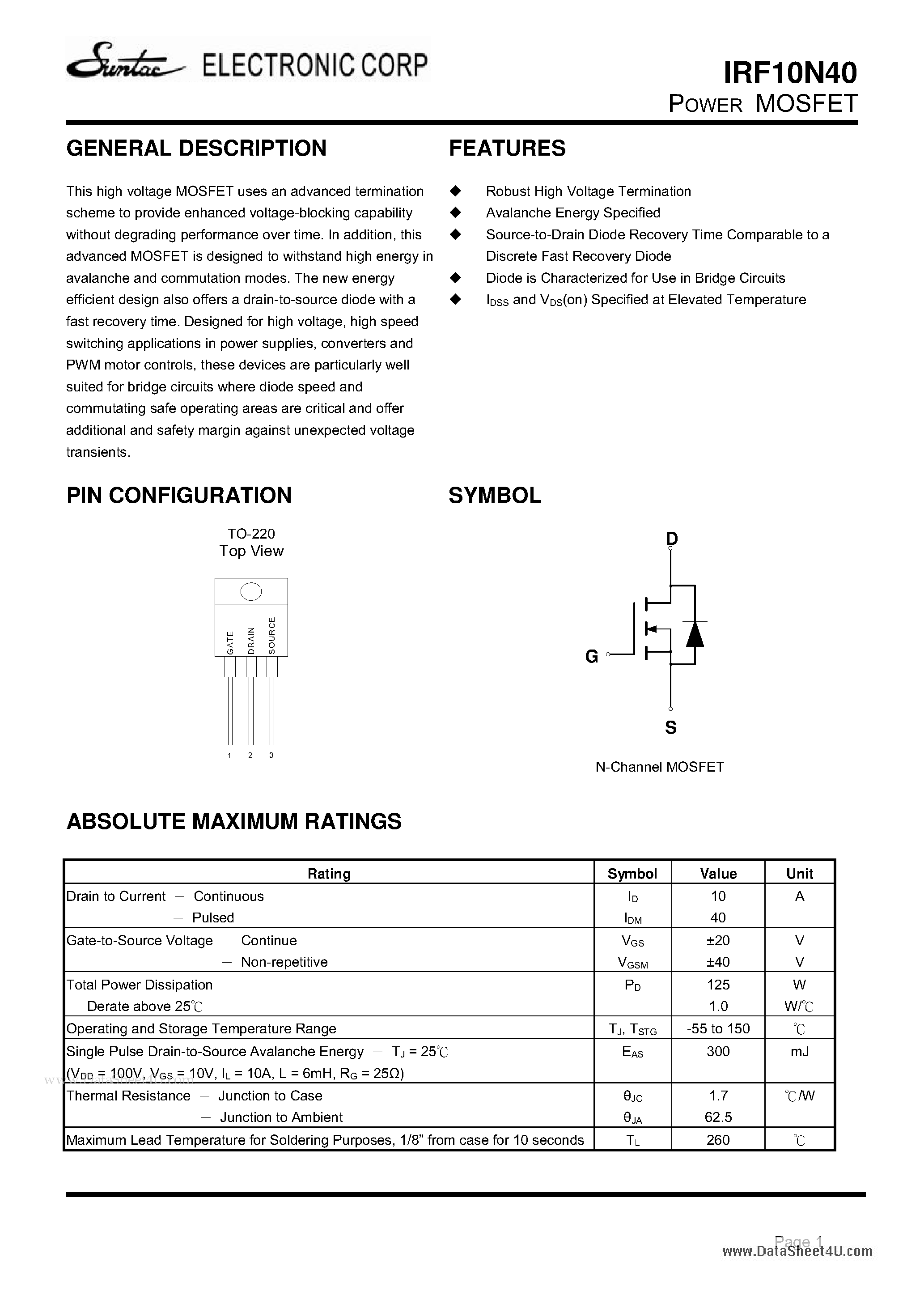 Datasheet IRF10N40 - POWER MOSFET page 1