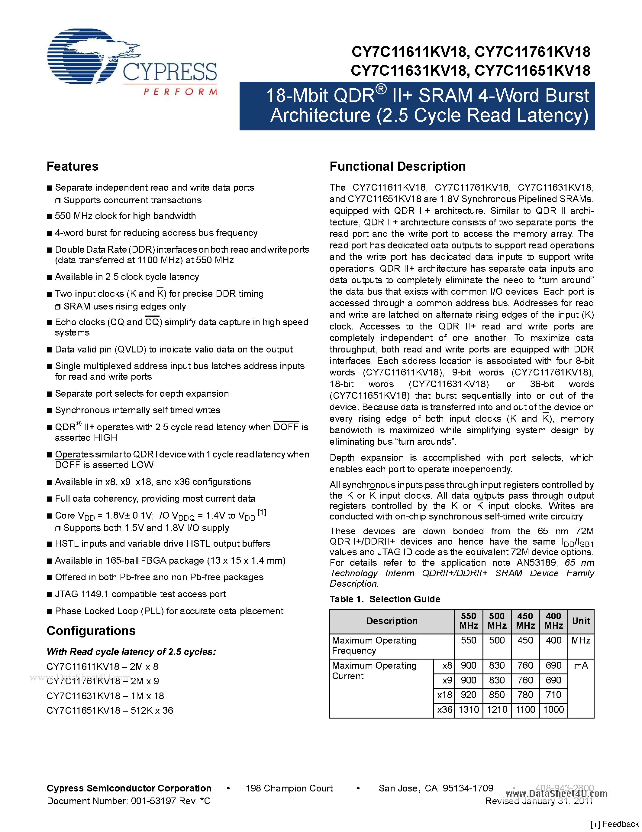 Datasheet CY7C11611KV18 page 1 Datasheet CY7C11611KV18 - 18-Mbit QDR II SRAM 4-Word Burst Architecture page 1